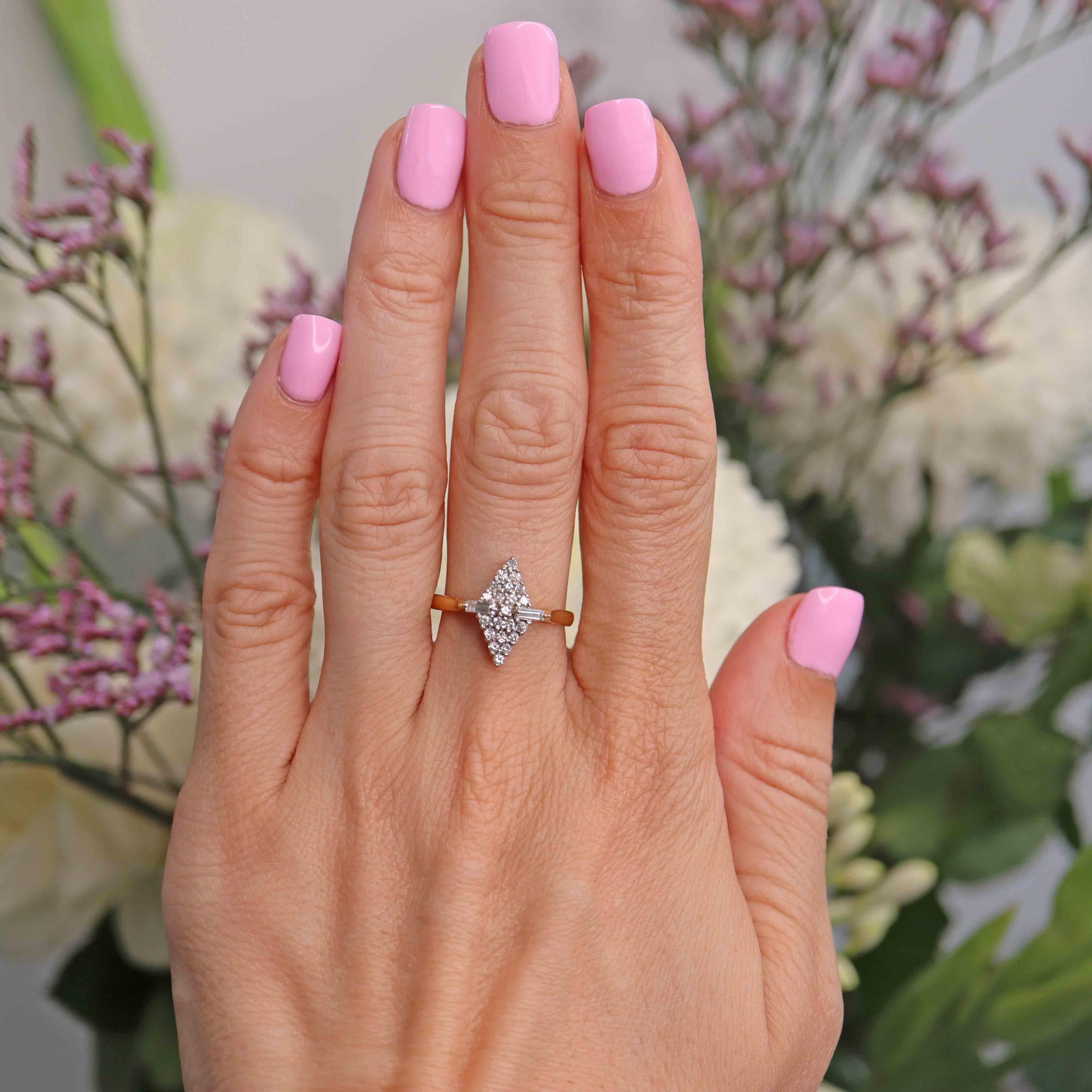 Ellibelle Jewellery Vintage 1989 Vari-Cut Diamond 18ct Gold Navette Cluster Ring