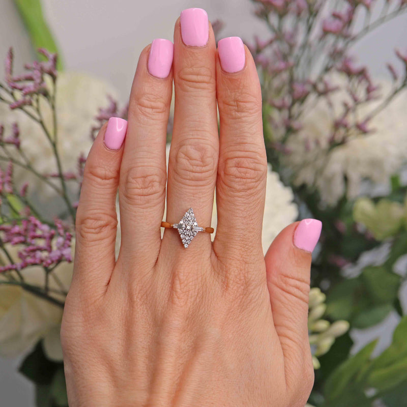Ellibelle Jewellery Vintage 1989 Vari-Cut Diamond 18ct Gold Navette Cluster Ring
