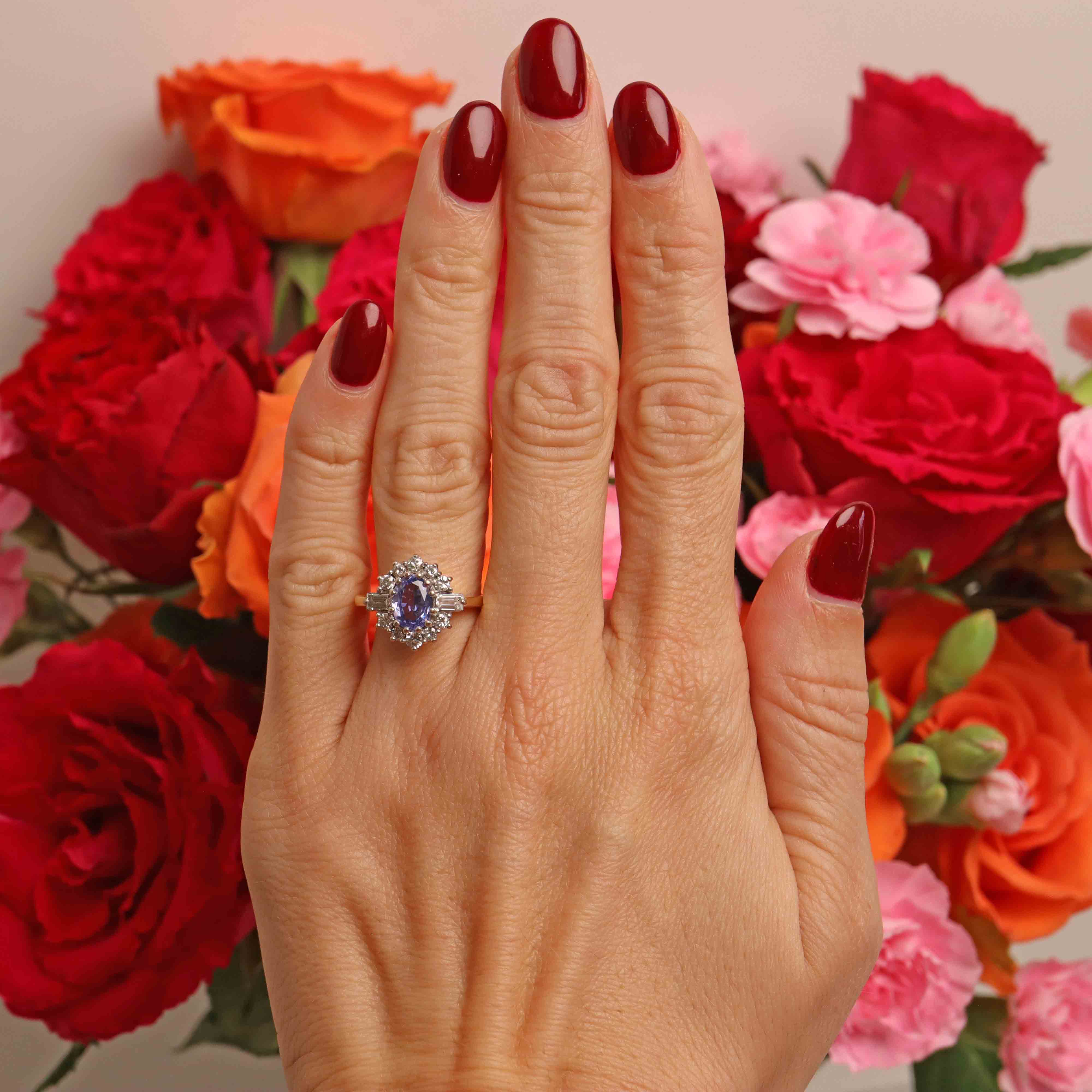 Ellibelle Jewellery Vintage 1990 Ceylon Sapphire & Vari-Diamond 18ct Gold Cluster Ring