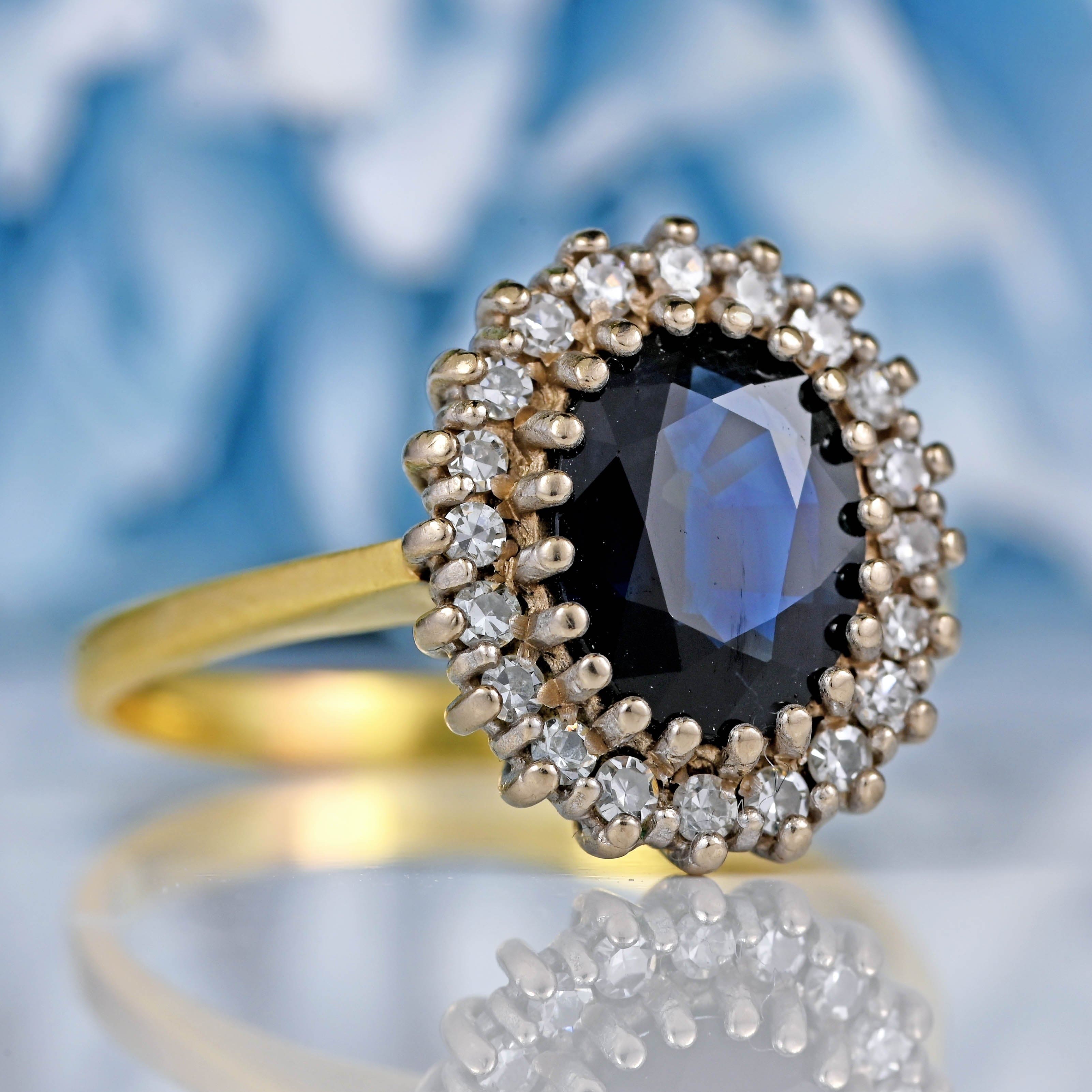 Ellibelle Jewellery Vintage 1990 Dark Sapphire & Diamond 18ct Gold Cluster Ring (1.76ct)