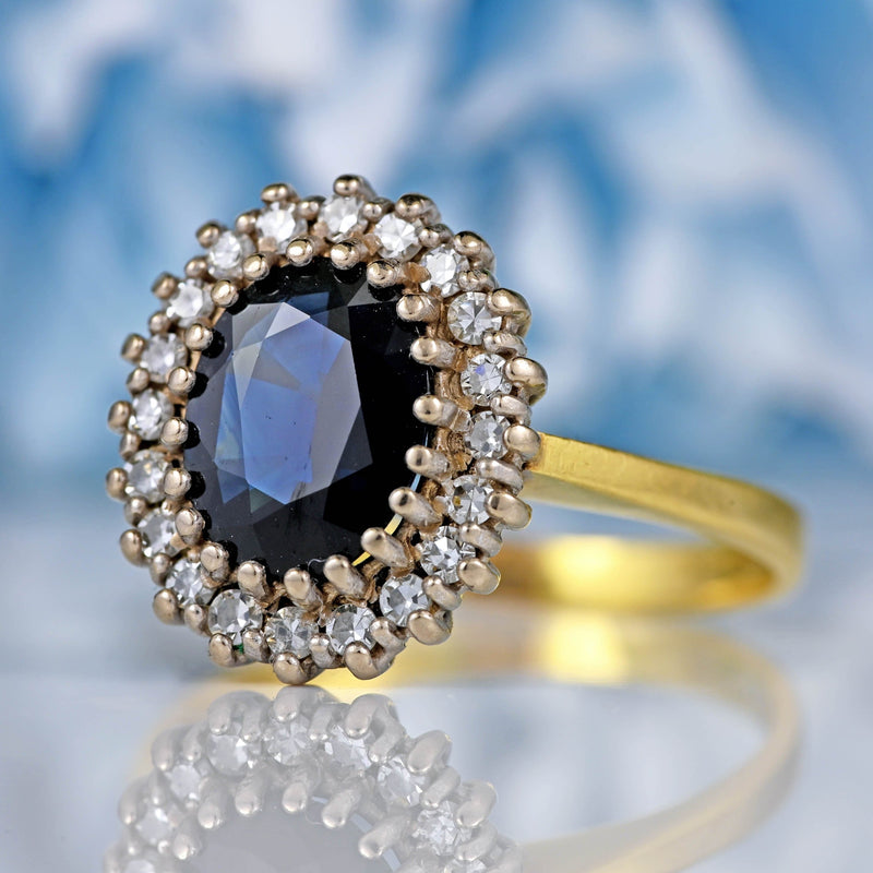 Ellibelle Jewellery Vintage 1990 Dark Sapphire & Diamond 18ct Gold Cluster Ring (1.76ct)