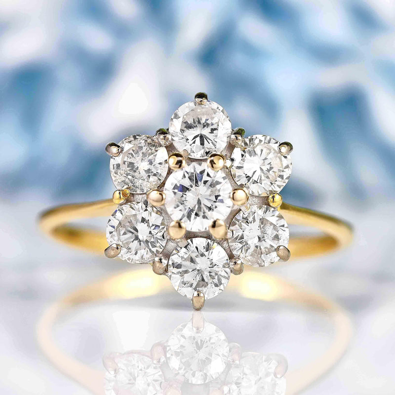 Ellibelle Jewellery Vintage 1990 Diamond 18ct Gold Daisy Cluster Engagement Ring (1.50ct)