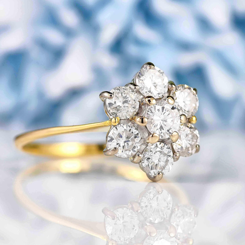 Ellibelle Jewellery Vintage 1990 Diamond 18ct Gold Daisy Cluster Engagement Ring (1.50ct)