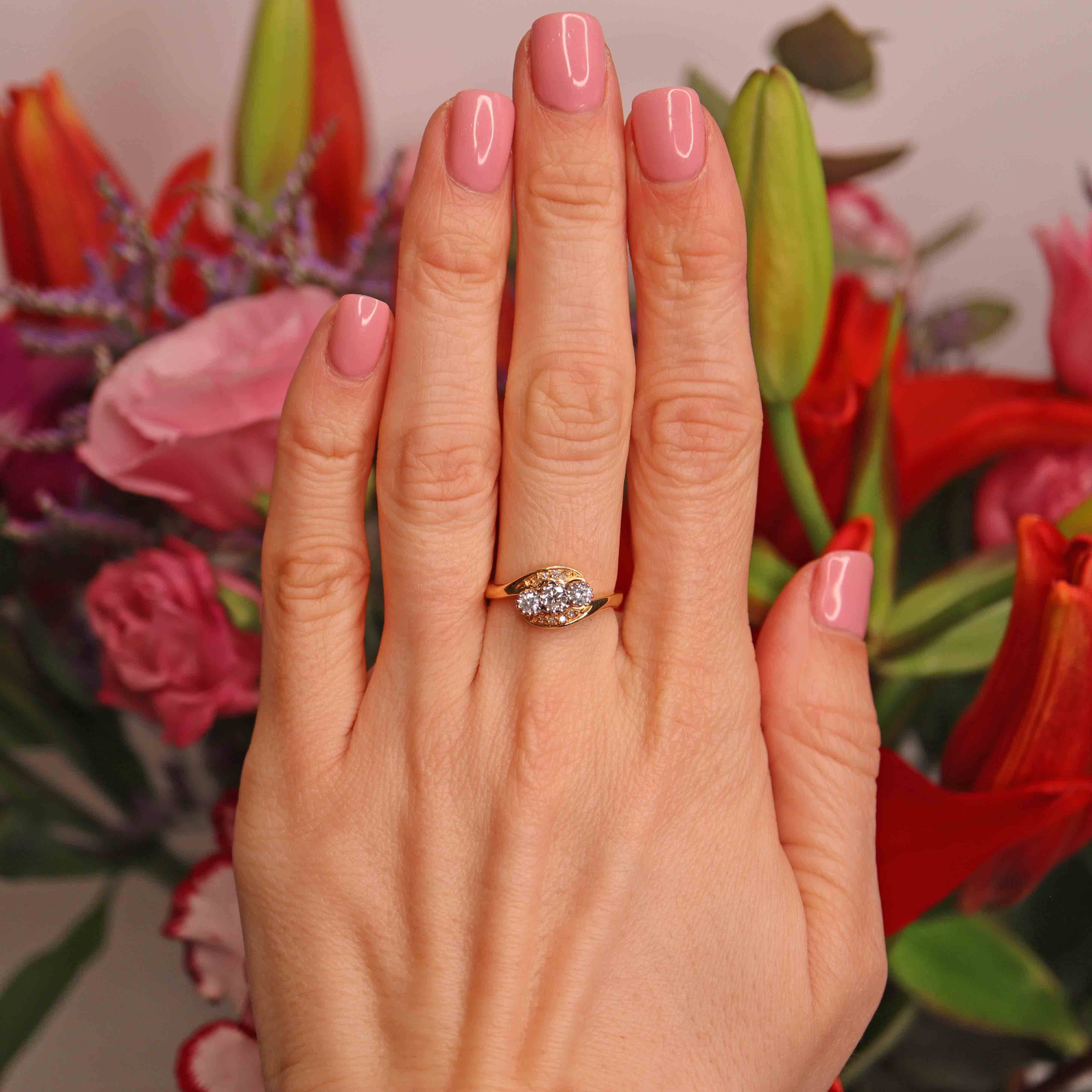 Ellibelle Jewellery Vintage 1990 Diamond 18ct Gold Three-Stone Crossover Engagement Ring