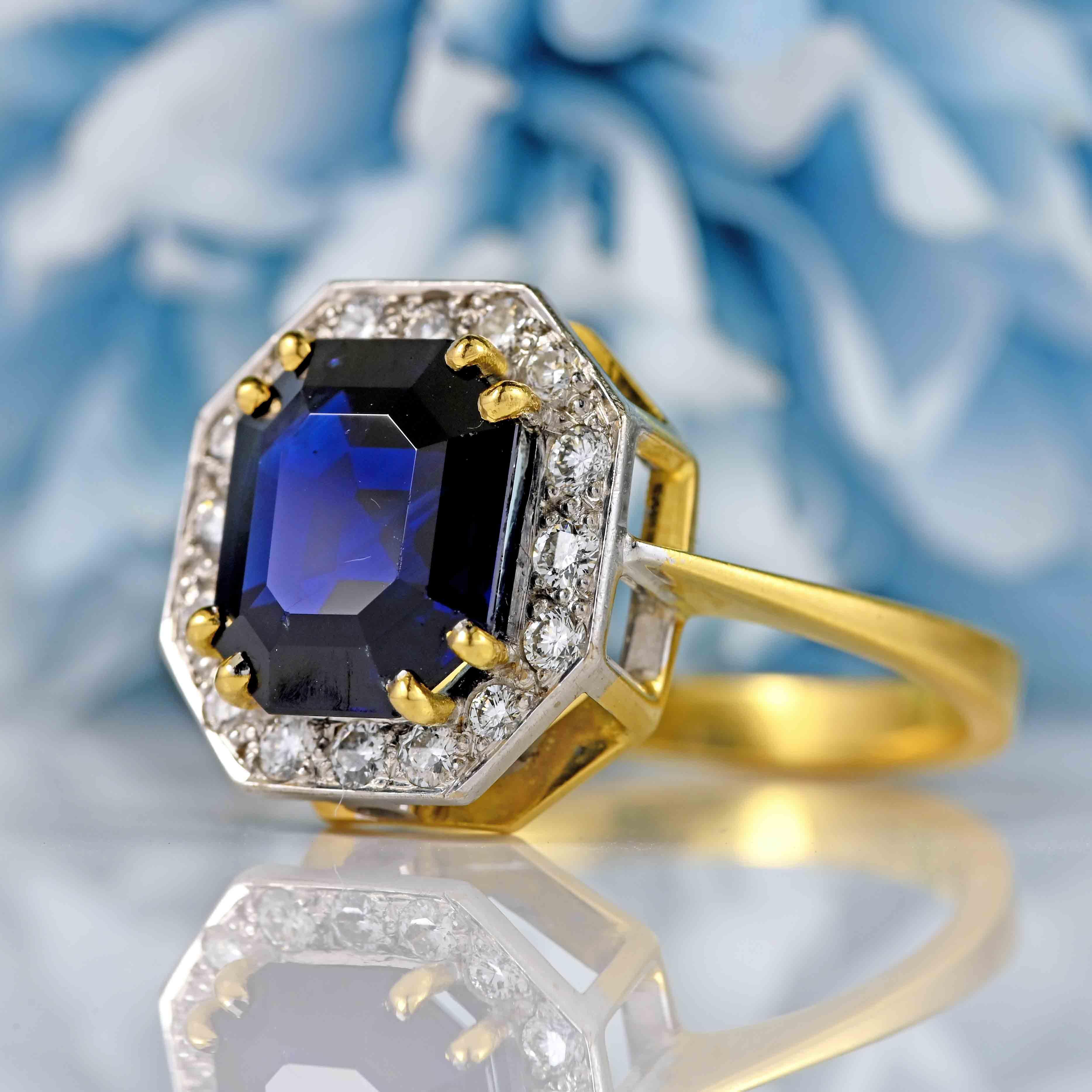 Ellibelle Jewellery Vintage 1990 Emerald-Cut Sapphire & Diamond 18ct Gold Ring (5.20ct)