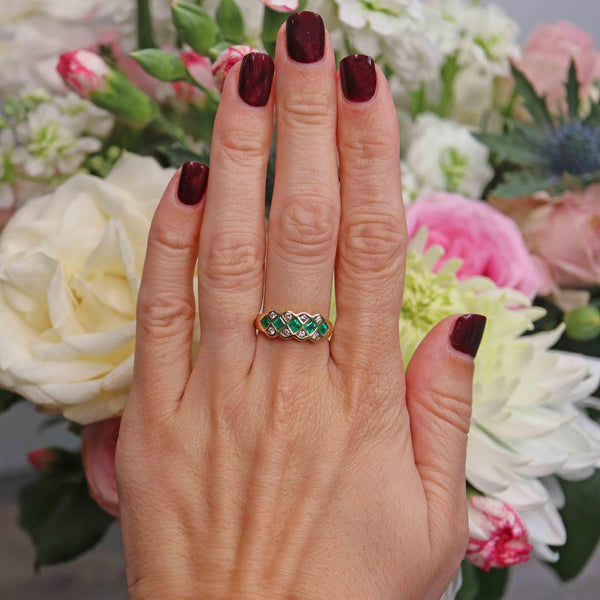 Ellibelle Jewellery Vintage 1990 Emerald & Diamond 18ct Gold Ring