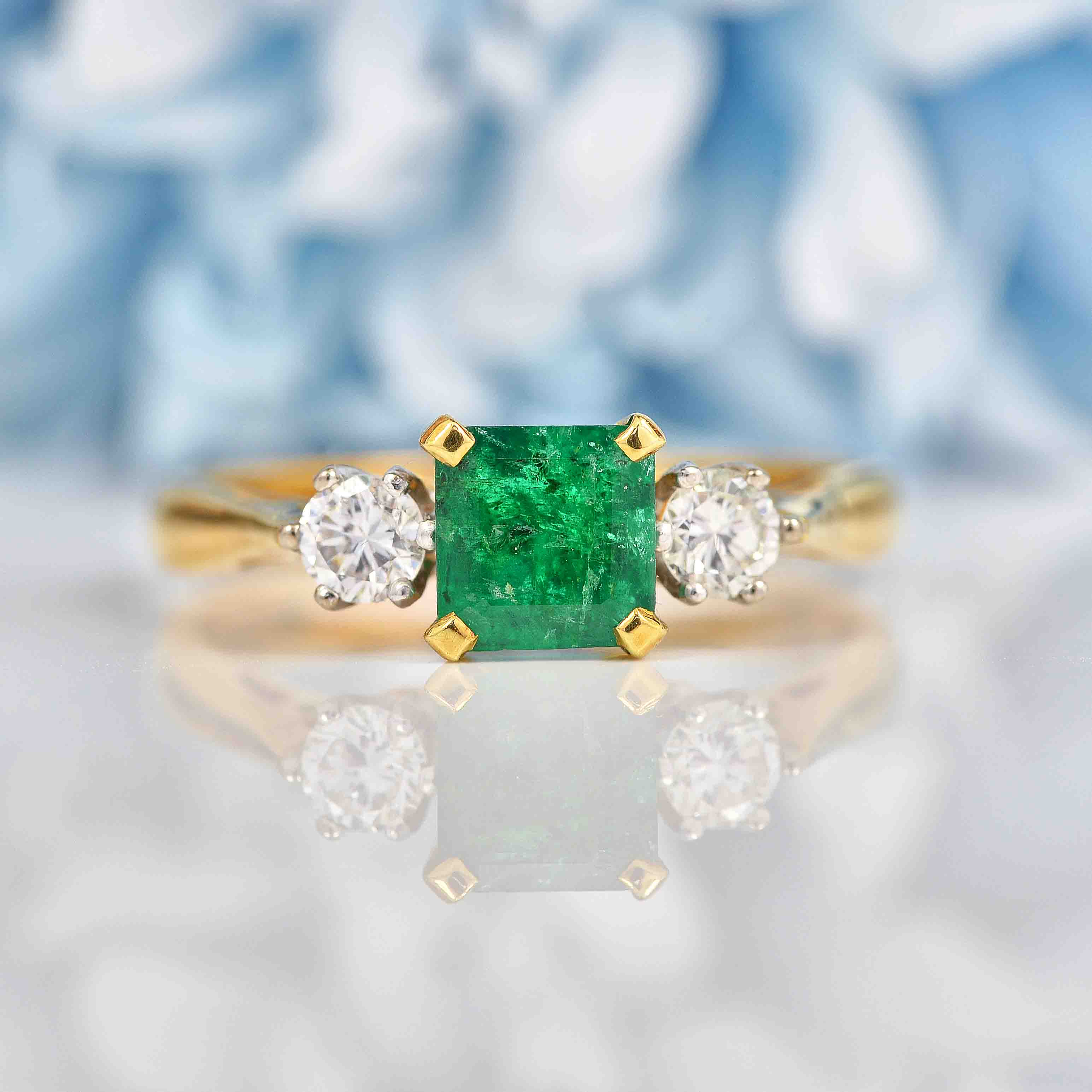 Ellibelle Jewellery Vintage 1990 Emerald & Diamond 18ct Gold Three Stone Engagement Ring