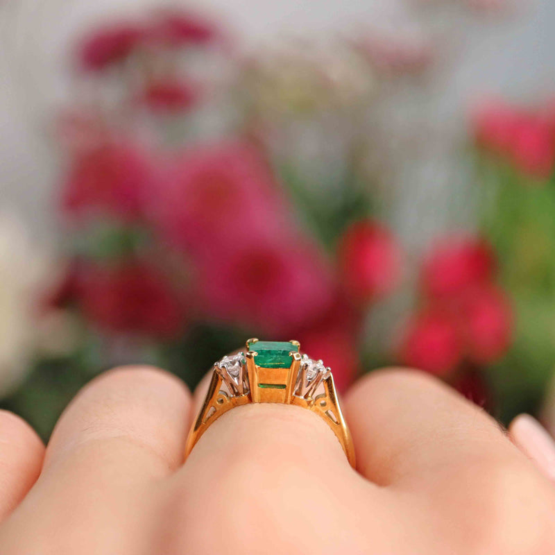 Ellibelle Jewellery Vintage 1990 Emerald & Diamond 18ct Gold Three Stone Engagement Ring