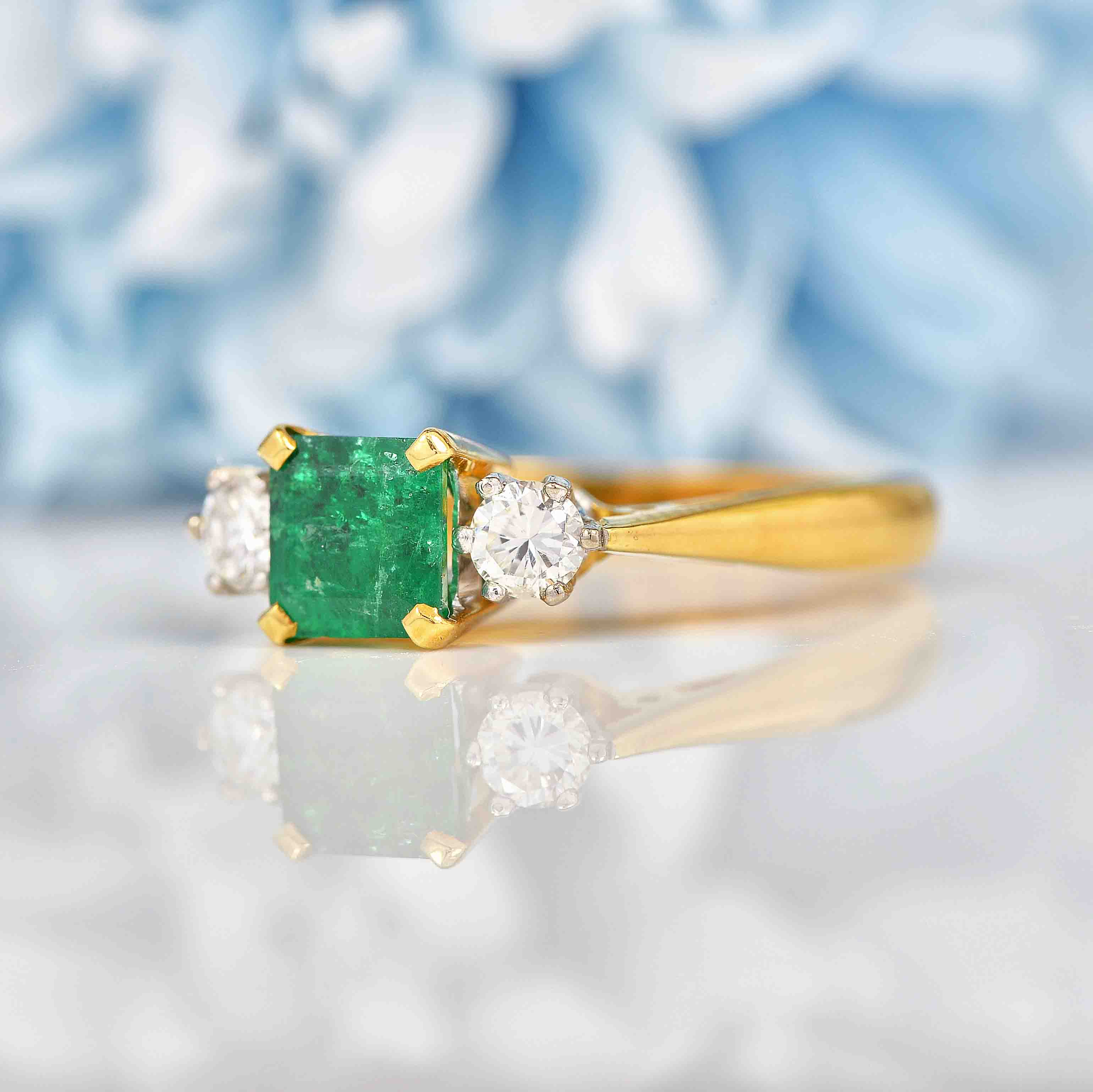 Ellibelle Jewellery Vintage 1990 Emerald & Diamond 18ct Gold Three Stone Engagement Ring