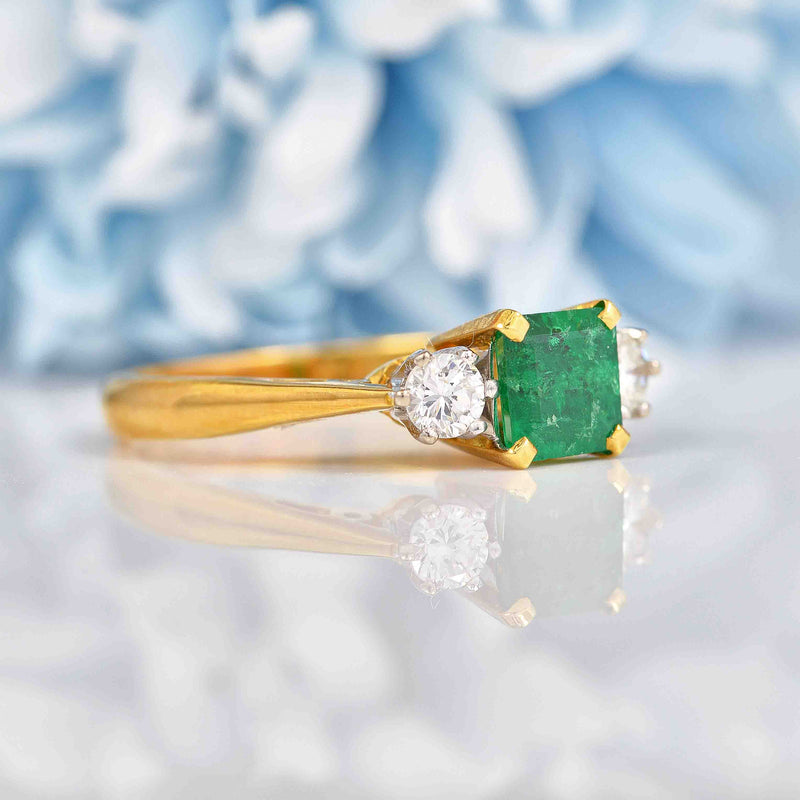 Ellibelle Jewellery Vintage 1990 Emerald & Diamond 18ct Gold Three Stone Engagement Ring