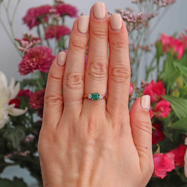 Ellibelle Jewellery Vintage 1990 Emerald & Diamond 18ct Gold Three Stone Engagement Ring