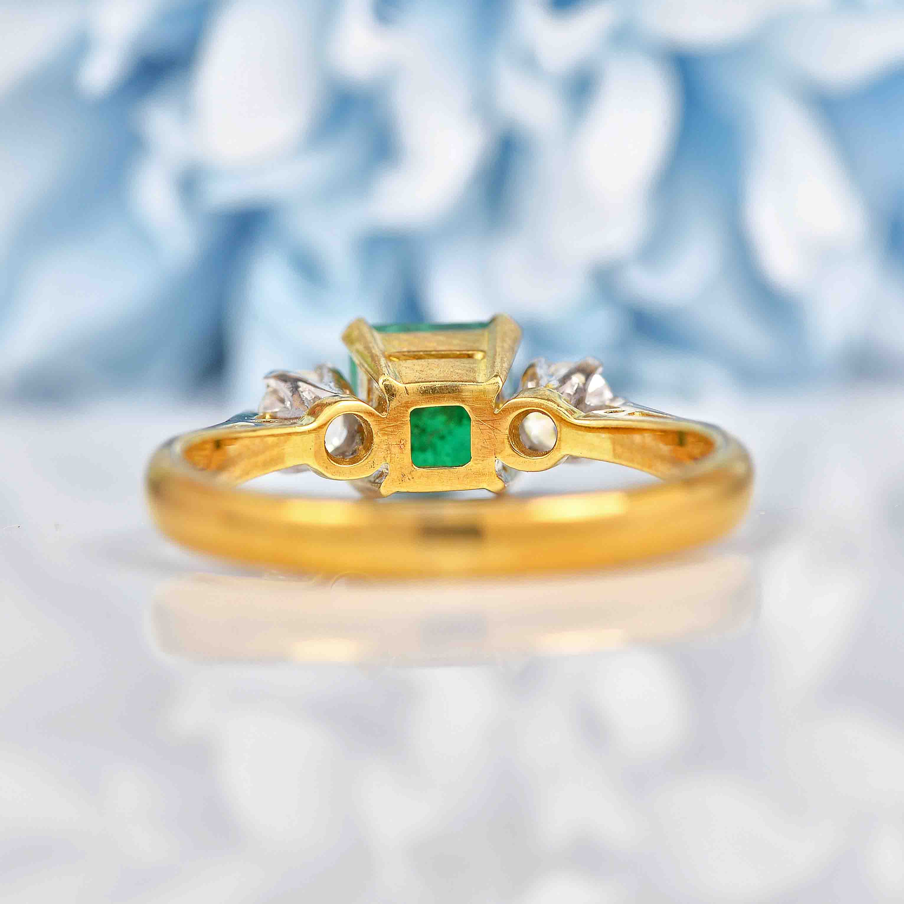 Ellibelle Jewellery Vintage 1990 Emerald & Diamond 18ct Gold Three Stone Engagement Ring