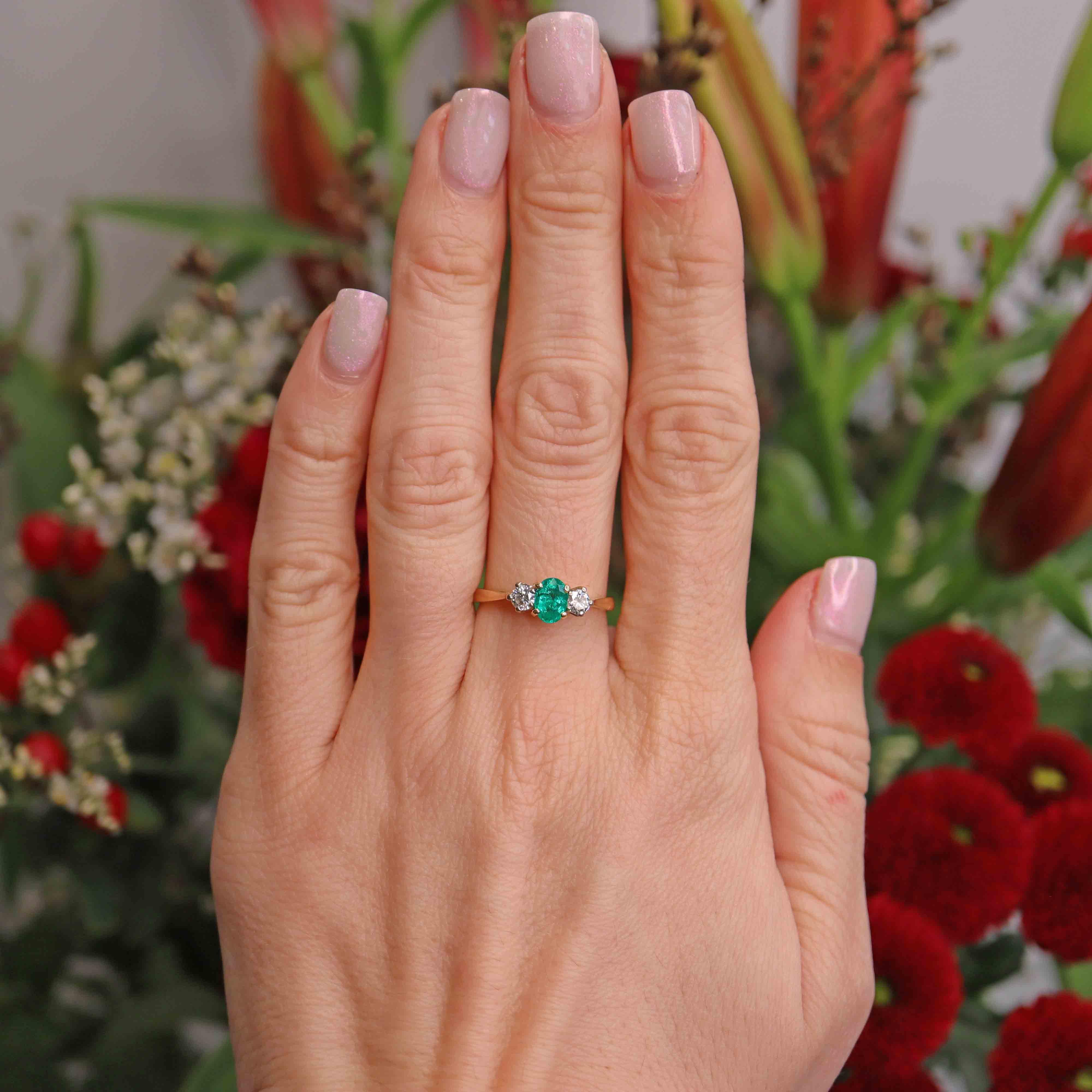 Ellibelle Jewellery Vintage 1990 Emerald & Diamond Three-Stone Engagement Ring