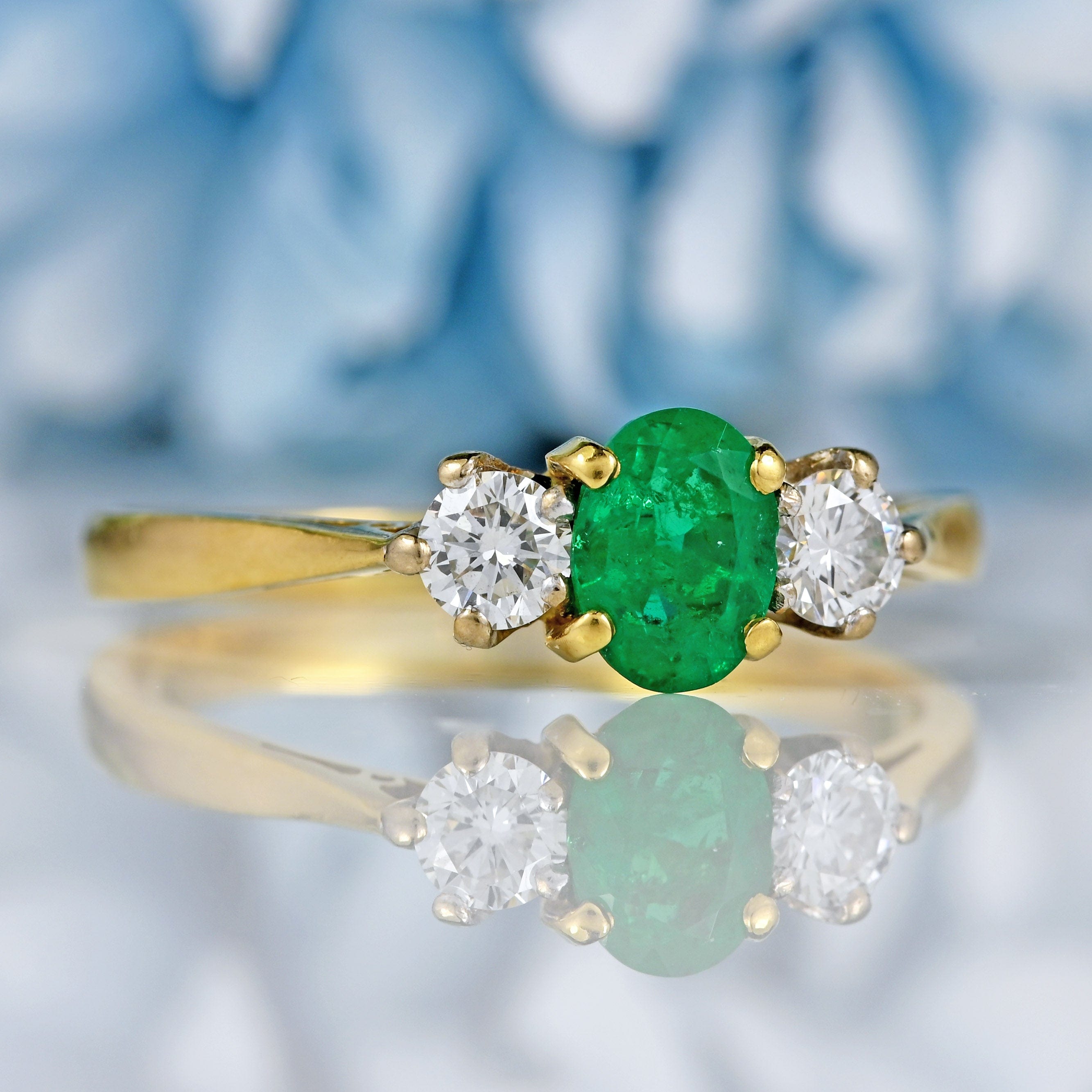 Ellibelle Jewellery Vintage 1990 Emerald & Diamond Three-Stone Engagement Ring