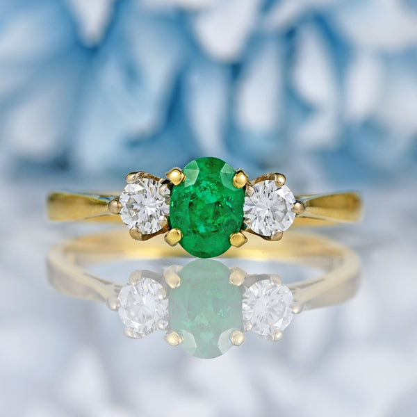 Ellibelle Jewellery Vintage 1990 Emerald & Diamond Three-Stone Engagement Ring