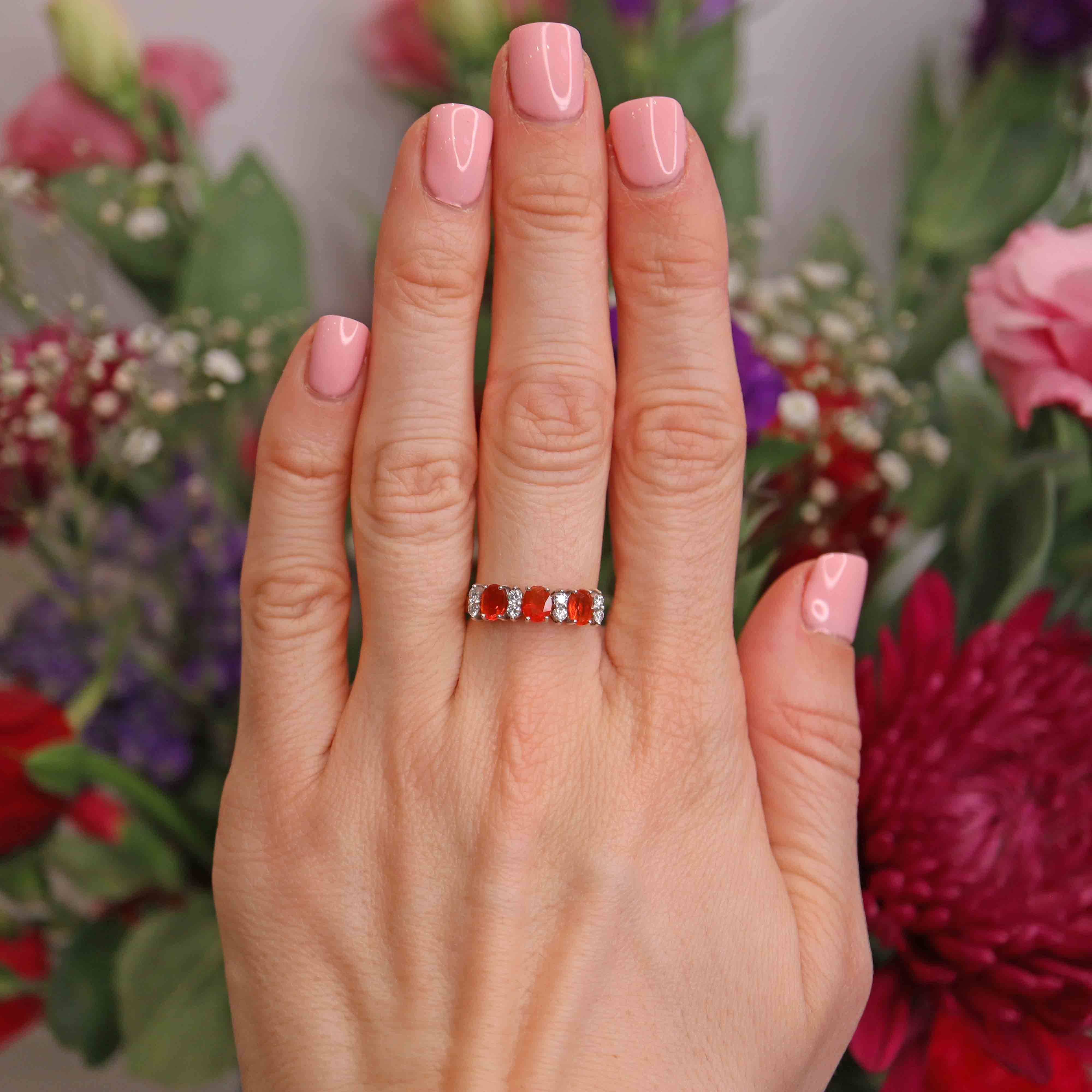 Ellibelle Jewellery Vintage 1990 Fire Opal & Diamond 18ct Gold Band Ring