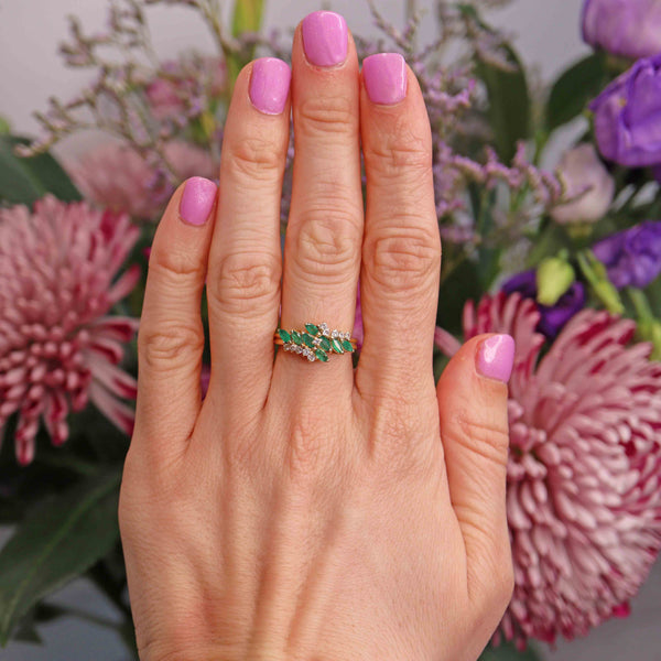 Ellibelle Jewellery Vintage 1990 Marquise-Cut Emerald & Diamond 18ct Gold Ring