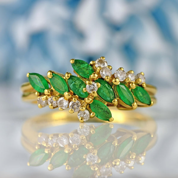 Ellibelle Jewellery Vintage 1990 Marquise-Cut Emerald & Diamond 18ct Gold Ring