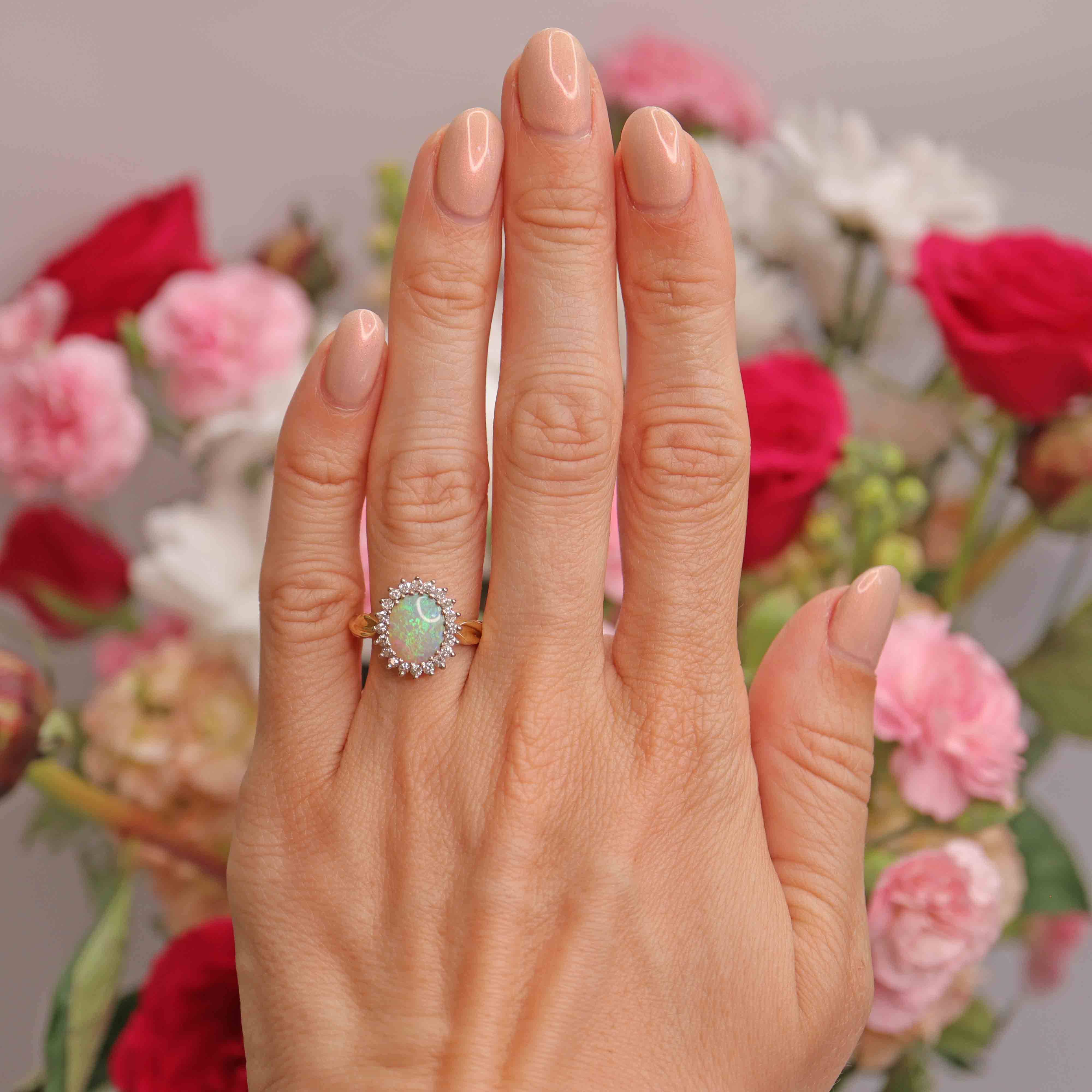 Ellibelle Jewellery Vintage 1990 Opal & Diamond 18ct Gold Cluster Ring