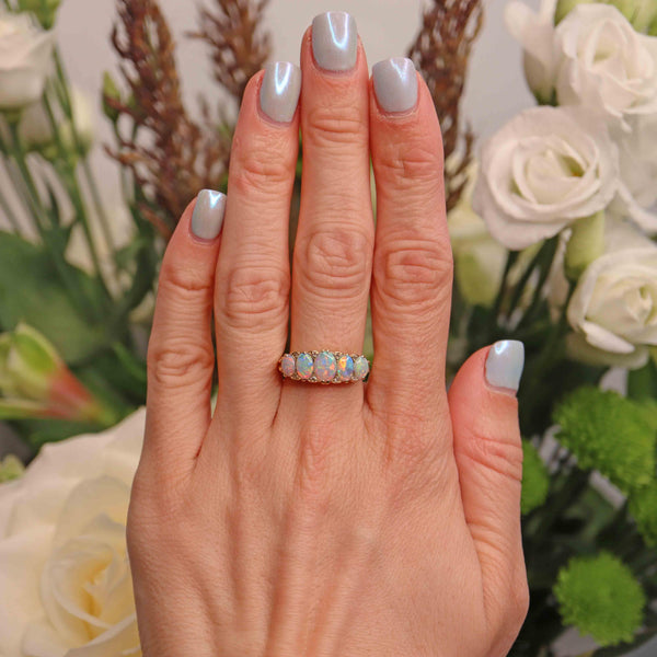 Ellibelle Jewellery Vintage 1990 Opal & Diamond 18ct Gold Five-Stone Ring