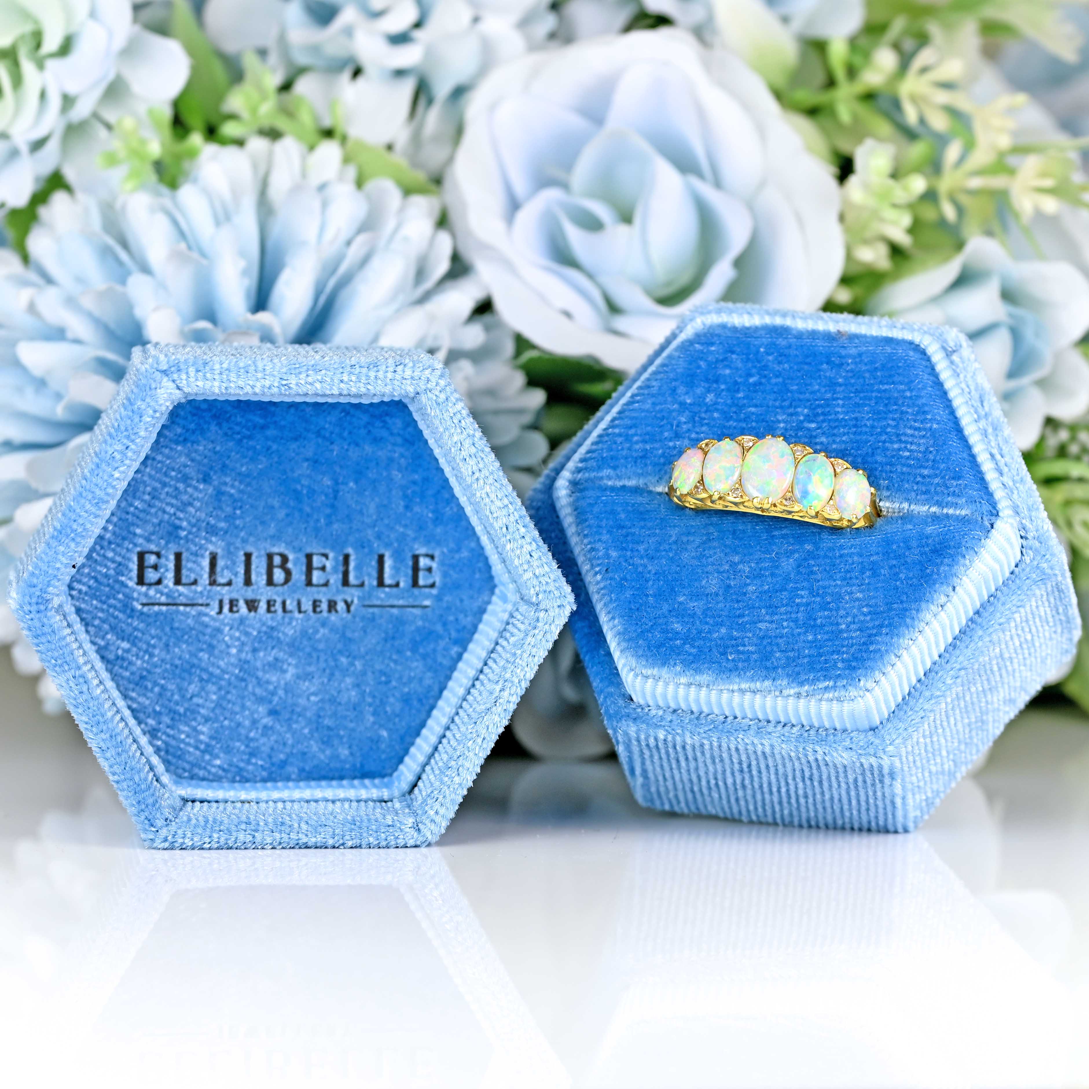 Ellibelle Jewellery Vintage 1990 Opal & Diamond 18ct Gold Five-Stone Ring