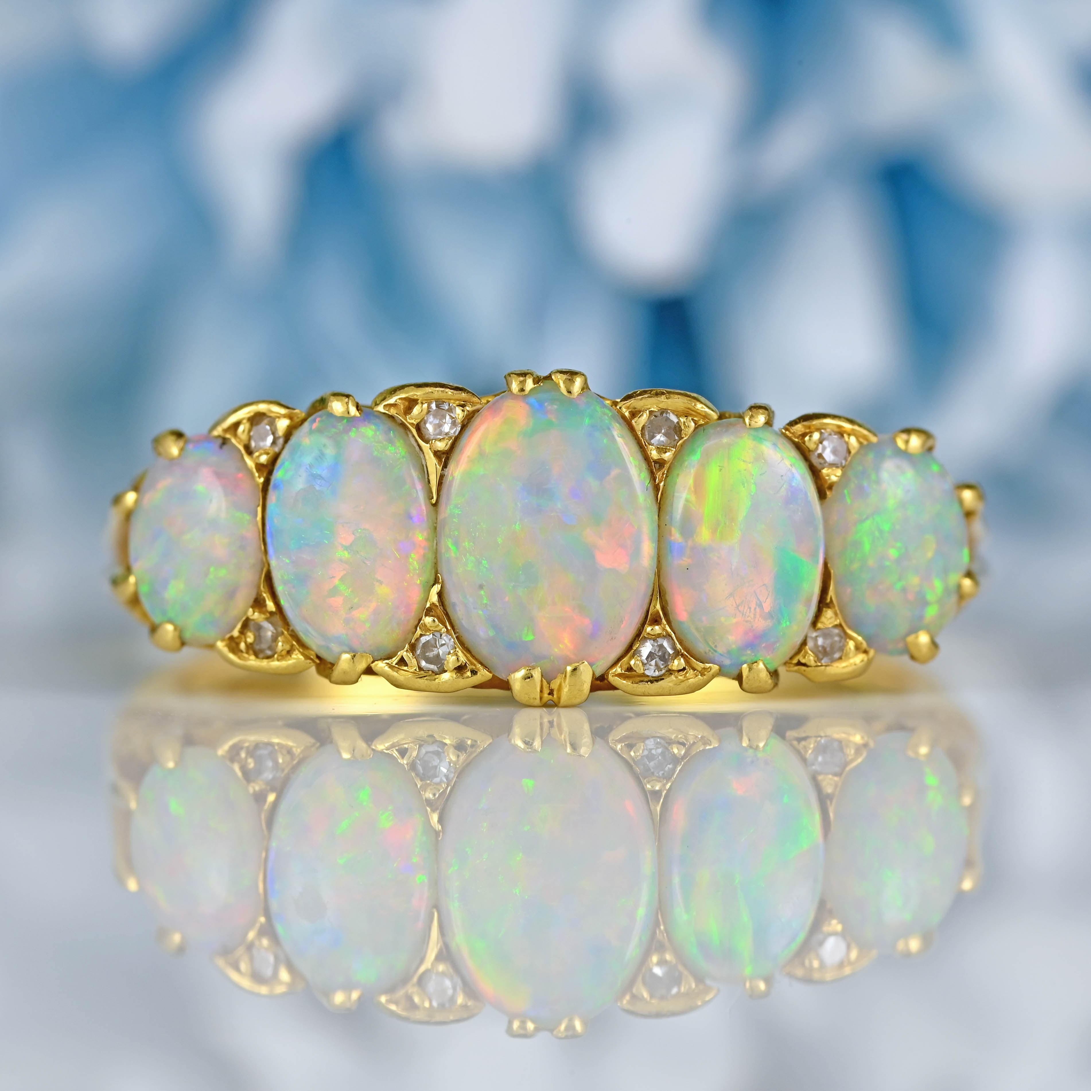 Ellibelle Jewellery Vintage 1990 Opal & Diamond 18ct Gold Five-Stone Ring