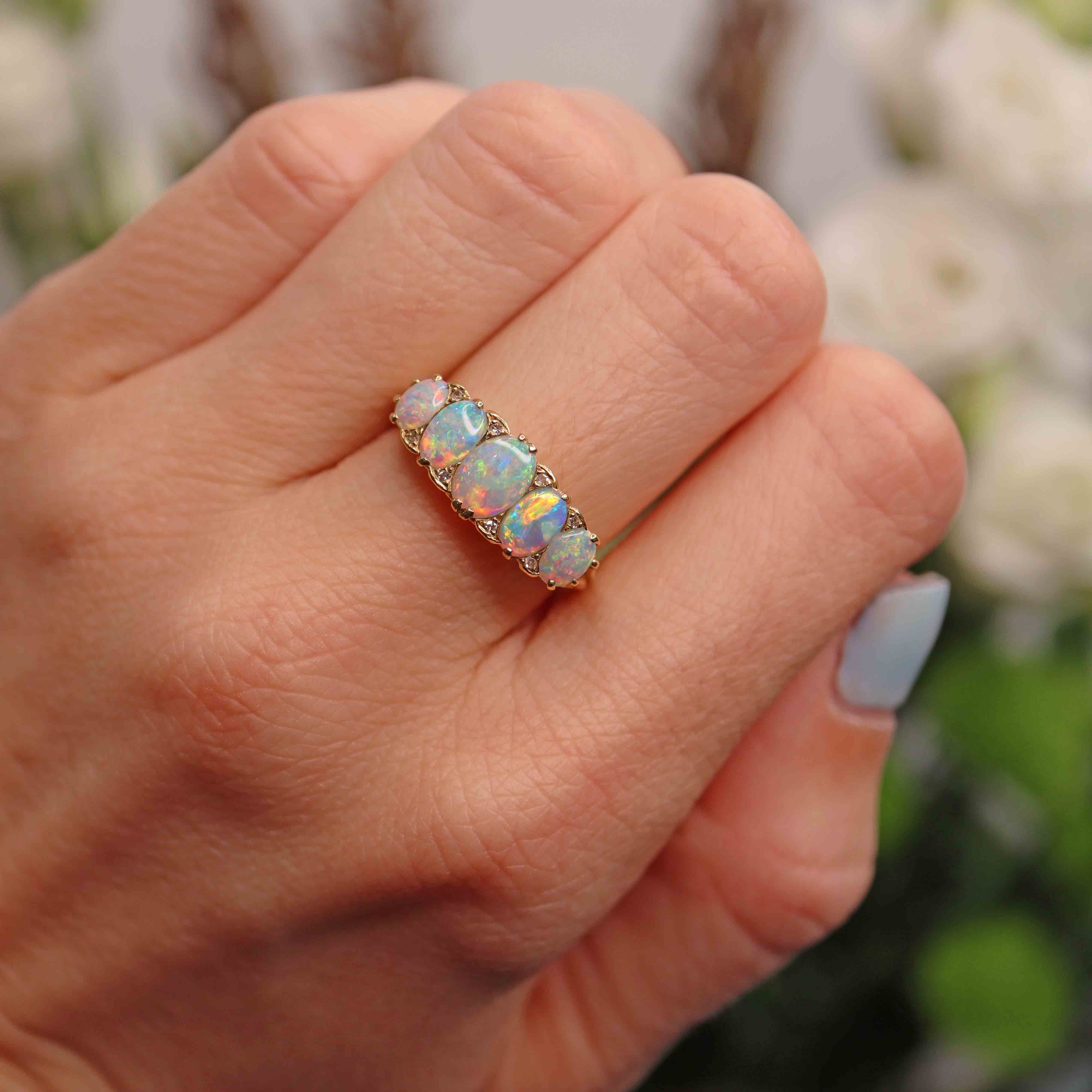 Ellibelle Jewellery Vintage 1990 Opal & Diamond 18ct Gold Five-Stone Ring
