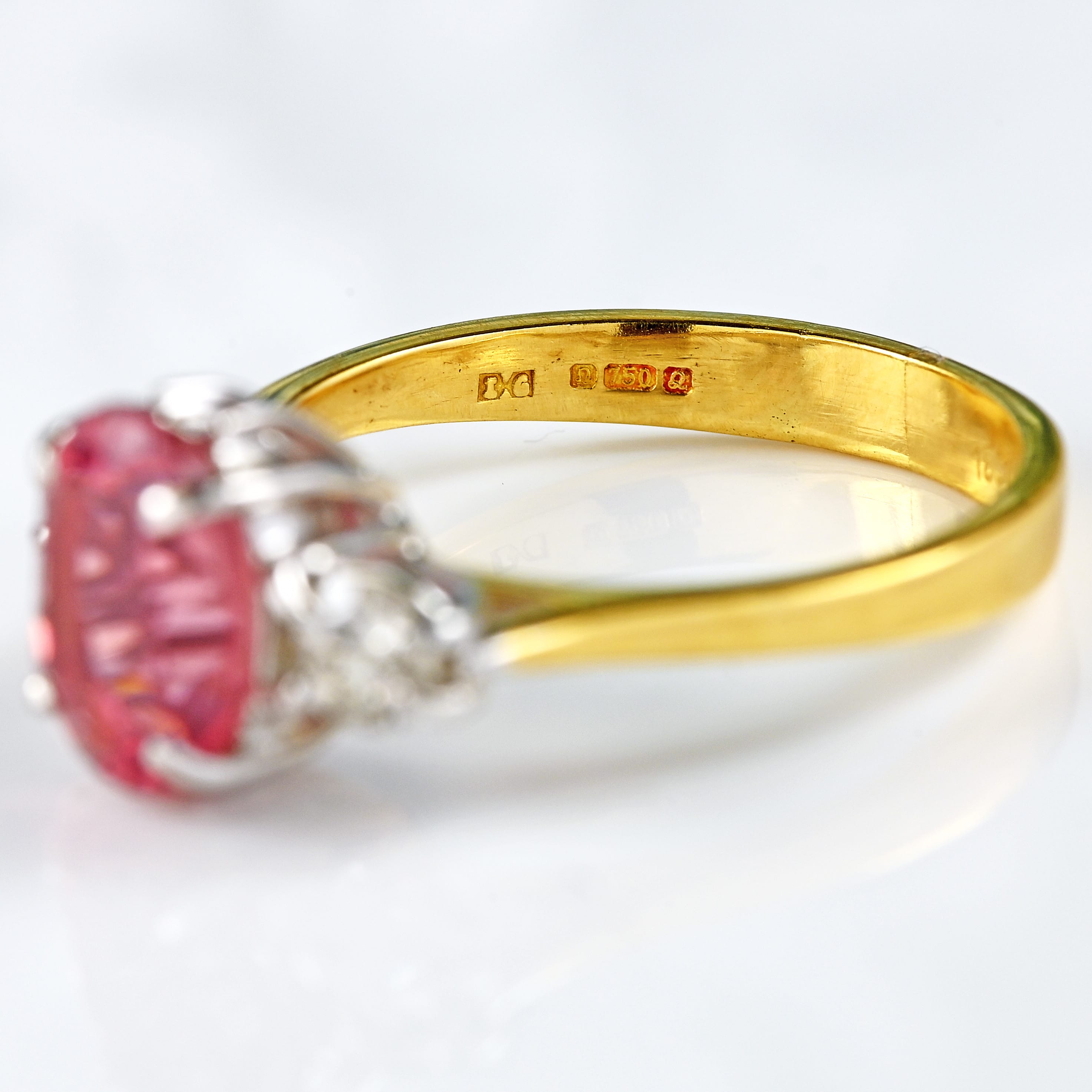 Ellibelle Jewellery Vintage 1990 Pink Tourmaline & Diamond 18ct Gold Three-Stone Trilogy Ring