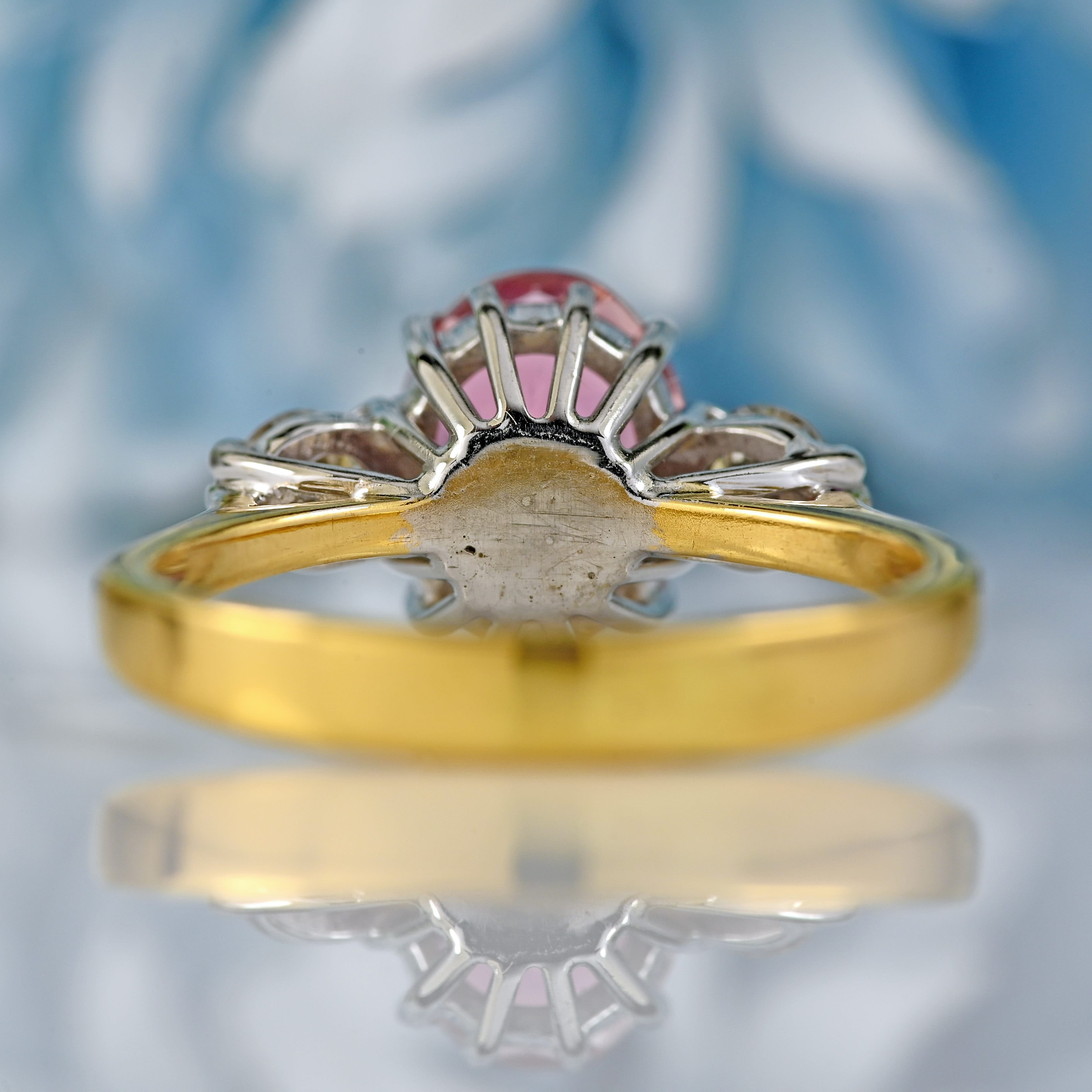 Ellibelle Jewellery Vintage 1990 Pink Tourmaline & Diamond 18ct Gold Three-Stone Trilogy Ring