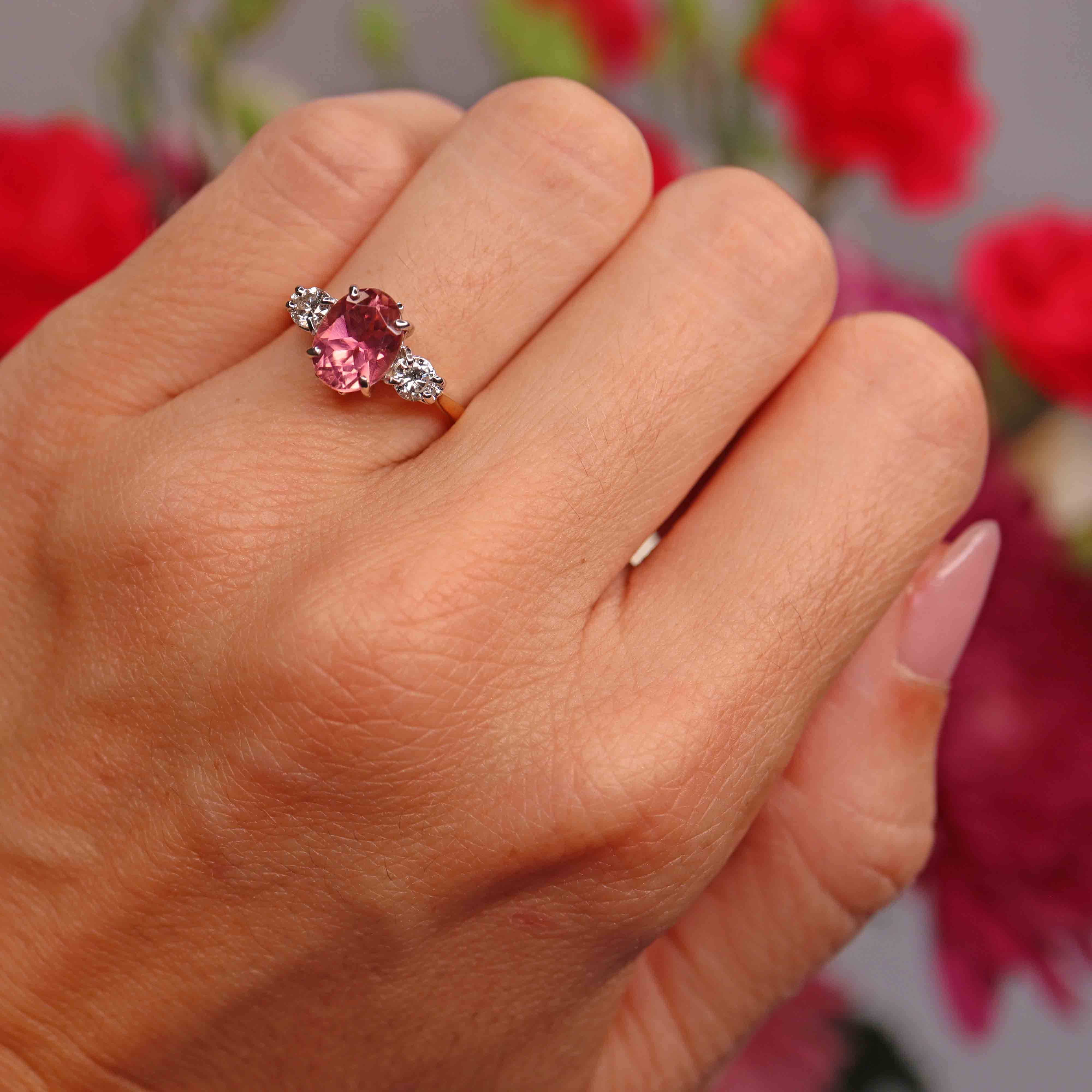 Ellibelle Jewellery Vintage 1990 Pink Tourmaline & Diamond 18ct Gold Three-Stone Trilogy Ring