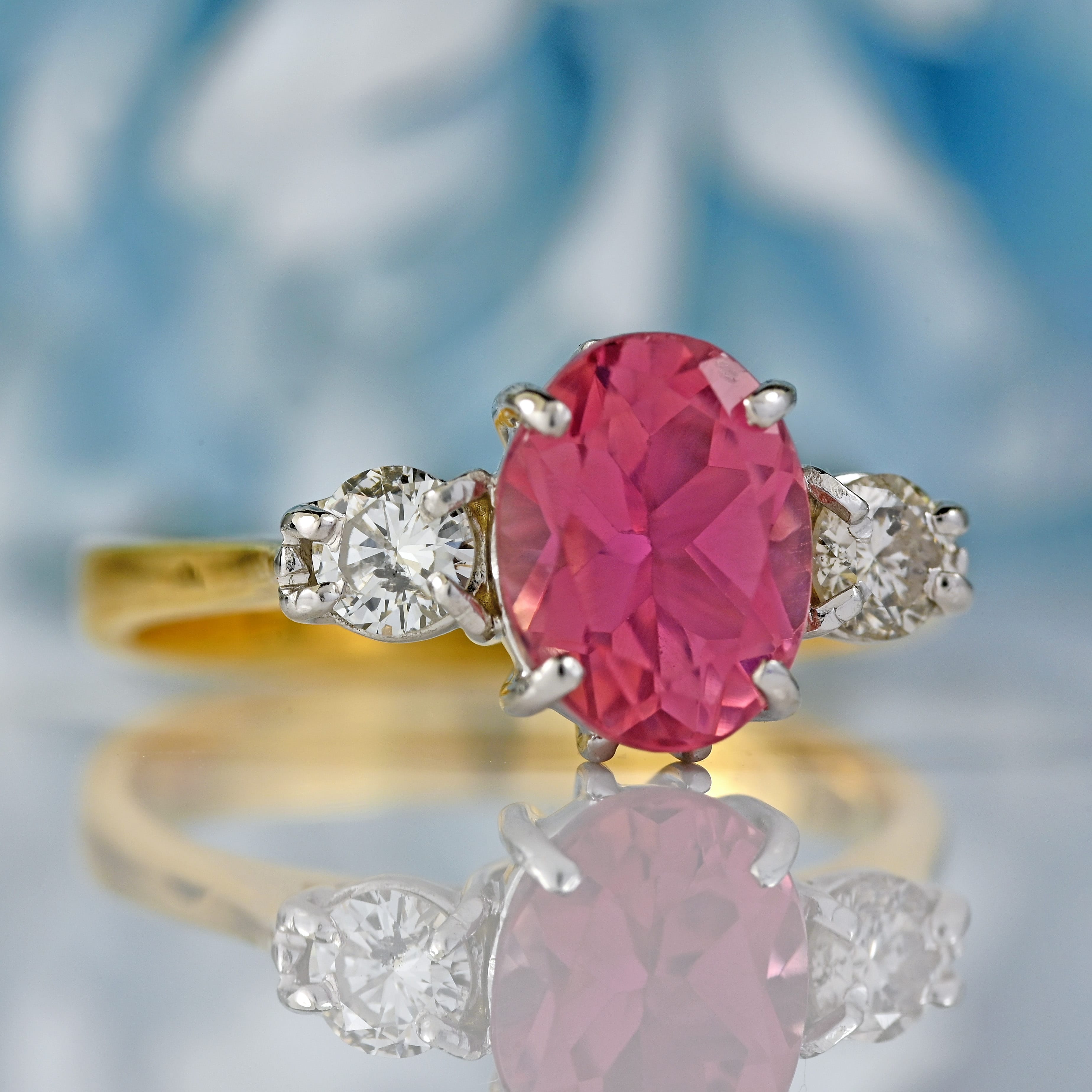 Ellibelle Jewellery Vintage 1990 Pink Tourmaline & Diamond 18ct Gold Three-Stone Trilogy Ring