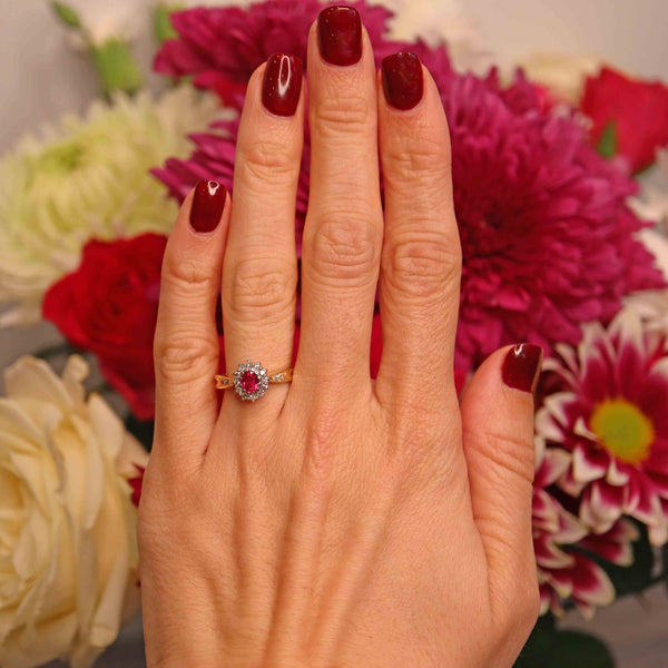 Ellibelle Jewellery Vintage 1990 Ruby & Diamond 18ct Gold Cluster Ring