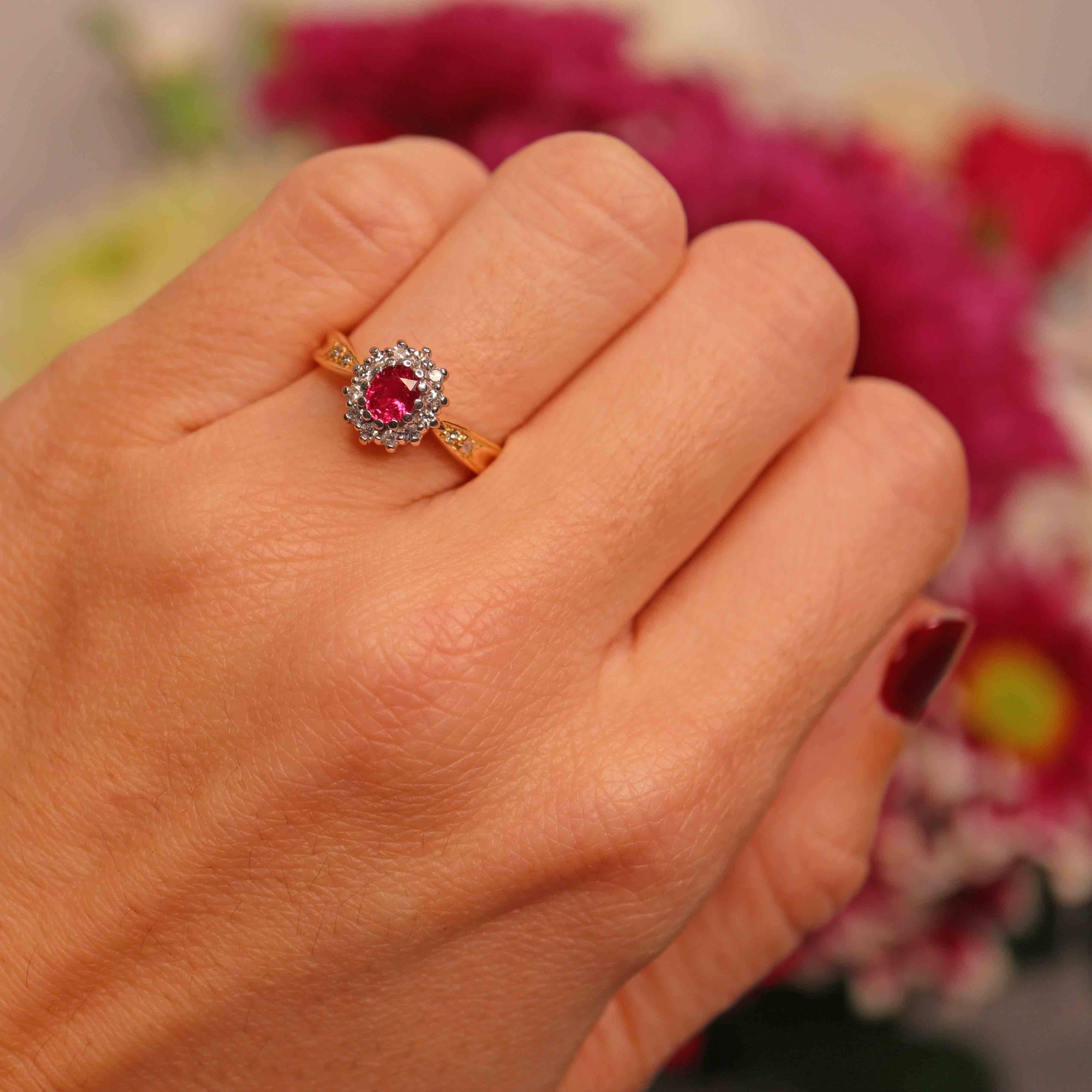 Ellibelle Jewellery Vintage 1990 Ruby & Diamond 18ct Gold Cluster Ring