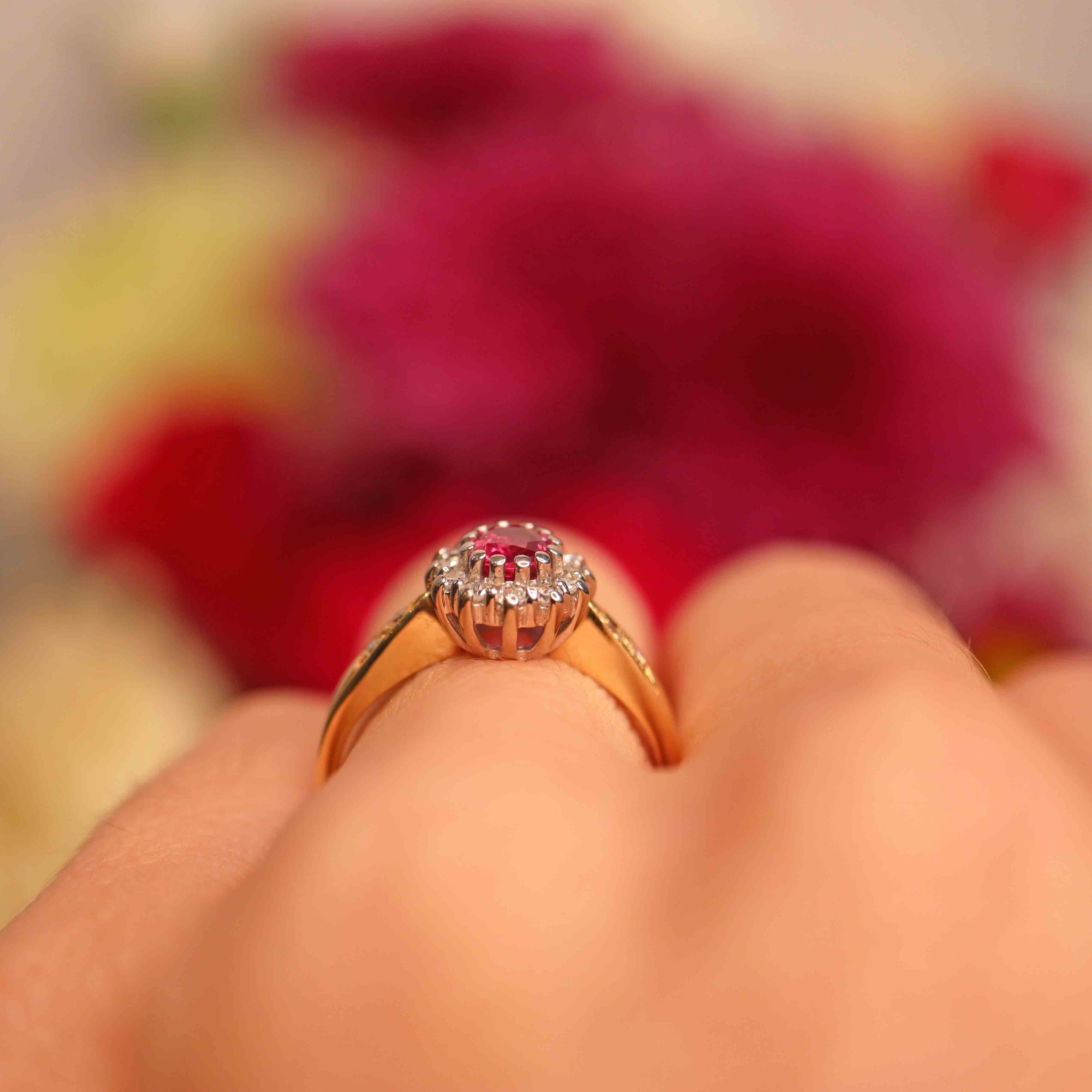 Ellibelle Jewellery Vintage 1990 Ruby & Diamond 18ct Gold Cluster Ring