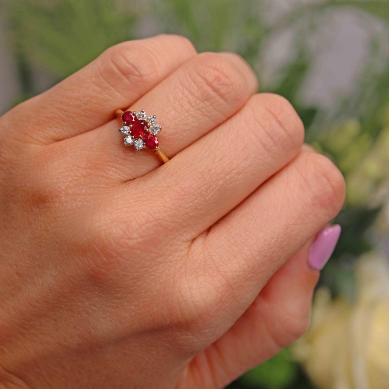 Ellibelle Jewellery Vintage 1990 Ruby & Diamond 18ct Gold Cluster Ring