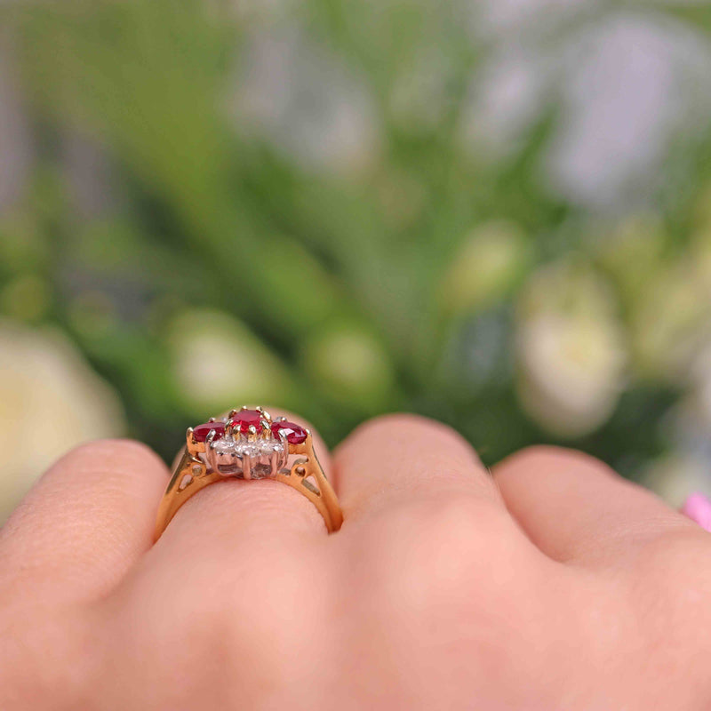 Ellibelle Jewellery Vintage 1990 Ruby & Diamond 18ct Gold Cluster Ring