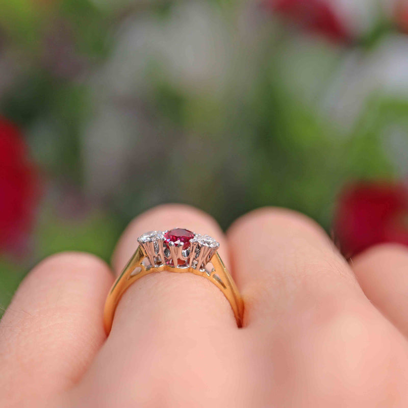 Ellibelle Jewellery Vintage 1990 Ruby & Diamond 18ct Gold Three-Stone Engagement Ring