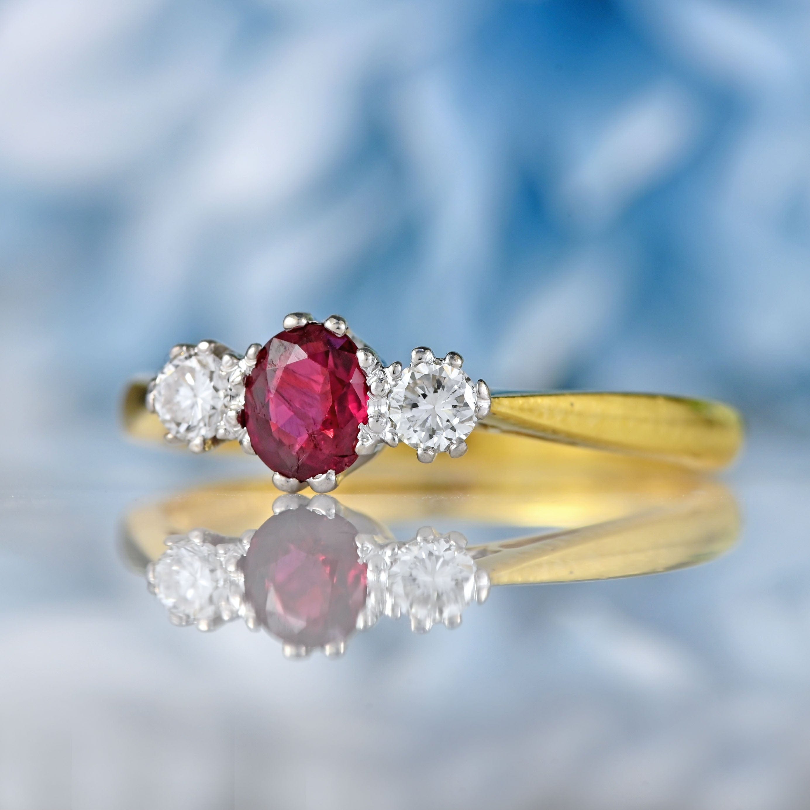 Ellibelle Jewellery Vintage 1990 Ruby & Diamond 18ct Gold Three-Stone Engagement Ring