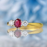 Ellibelle Jewellery Vintage 1990 Ruby & Diamond 18ct Gold Three-Stone Engagement Ring
