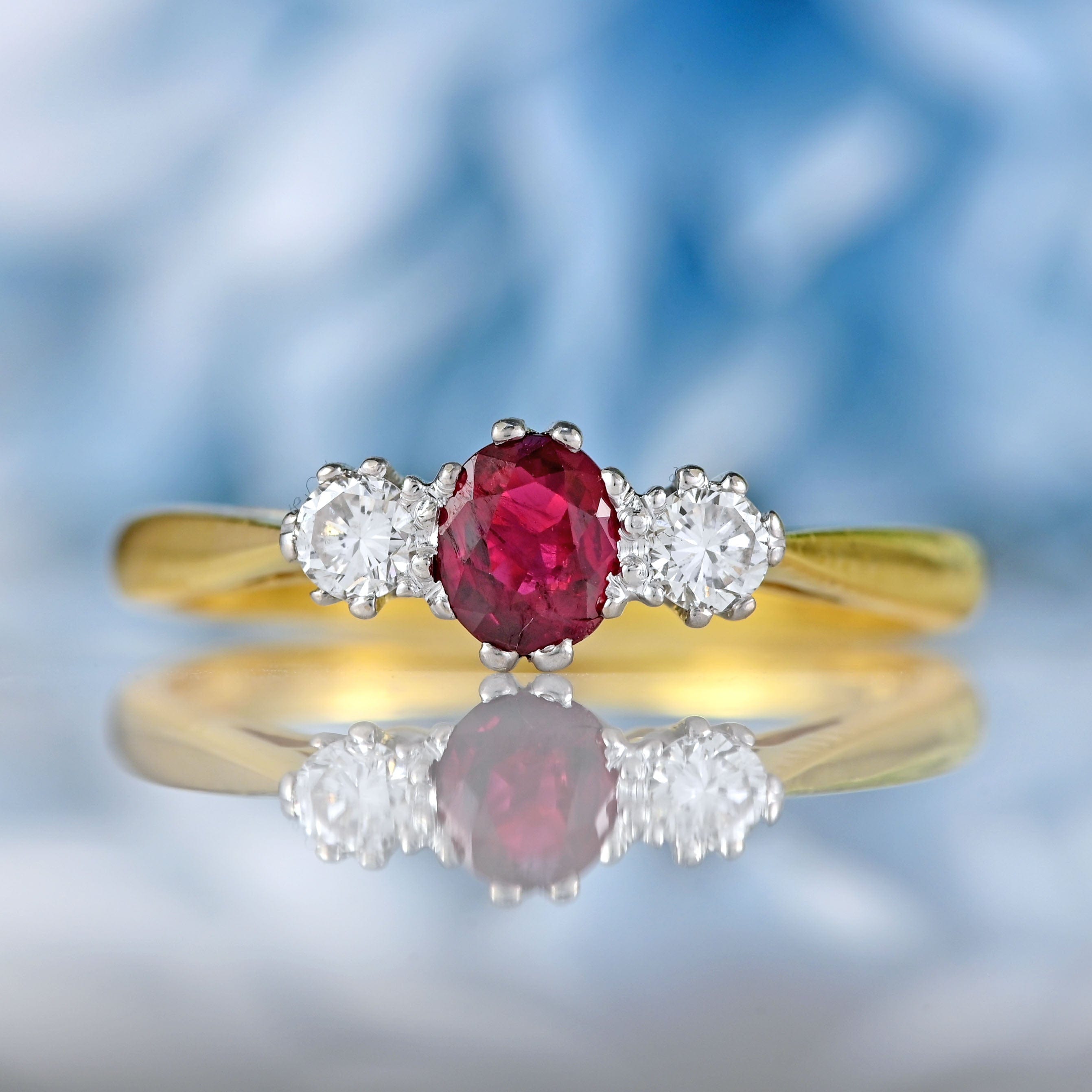 Ellibelle Jewellery Vintage 1990 Ruby & Diamond 18ct Gold Three-Stone Engagement Ring
