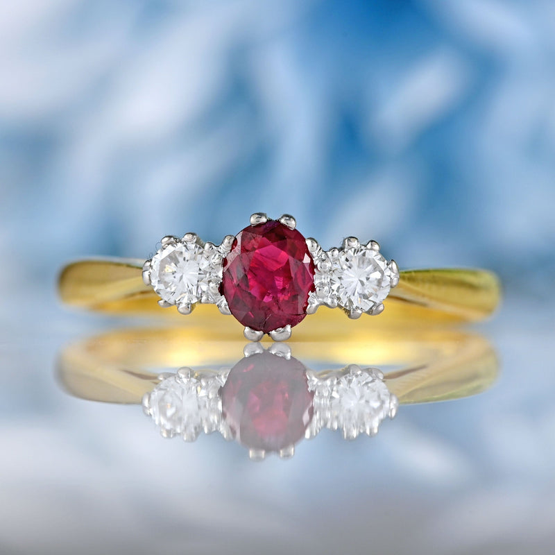 Ellibelle Jewellery Vintage 1990 Ruby & Diamond 18ct Gold Three-Stone Engagement Ring