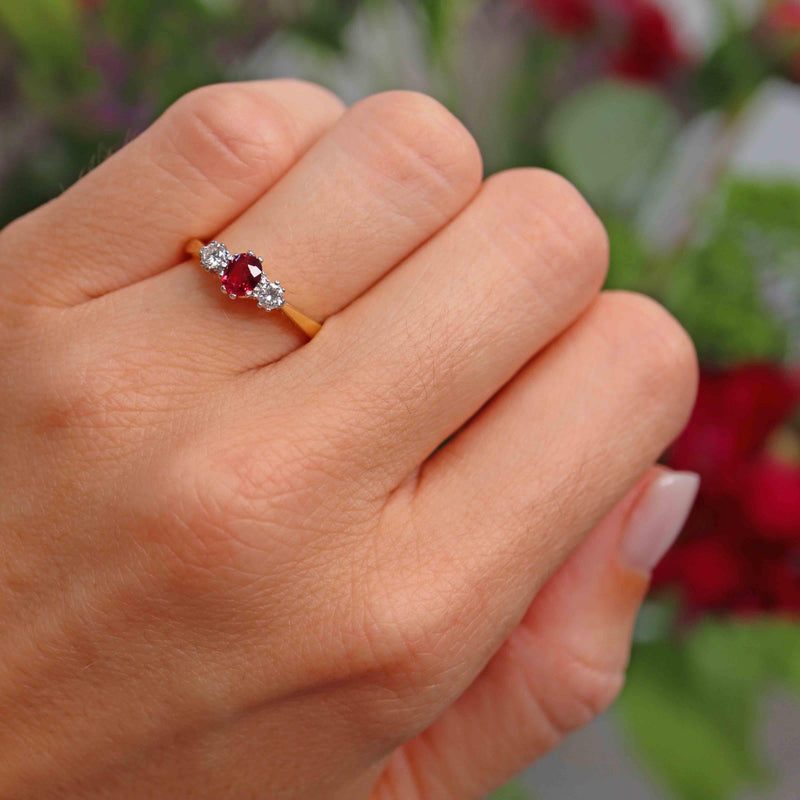 Ellibelle Jewellery Vintage 1990 Ruby & Diamond 18ct Gold Three-Stone Engagement Ring