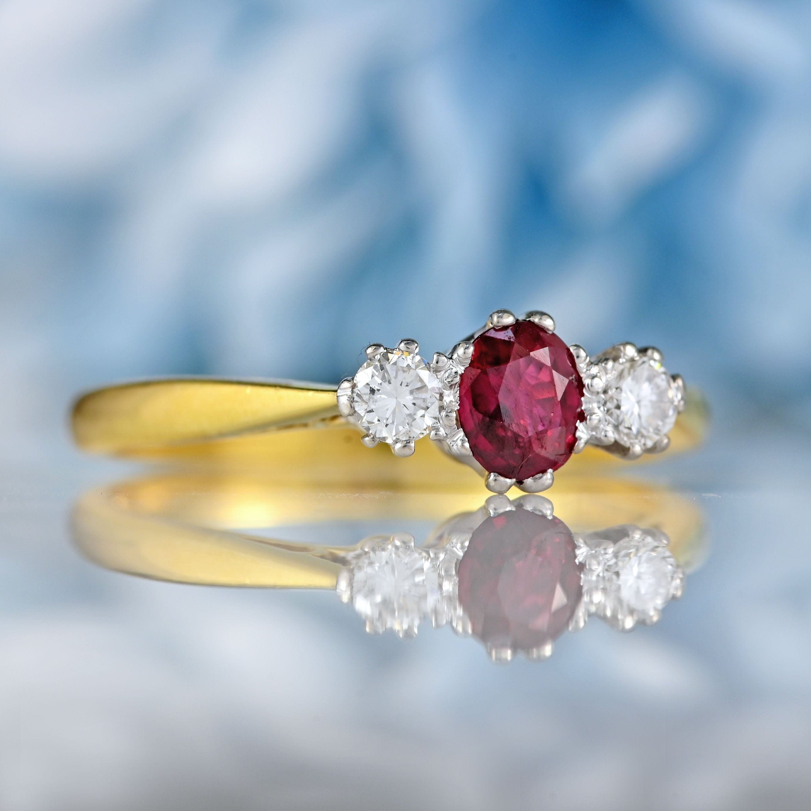 Ellibelle Jewellery Vintage 1990 Ruby & Diamond 18ct Gold Three-Stone Engagement Ring