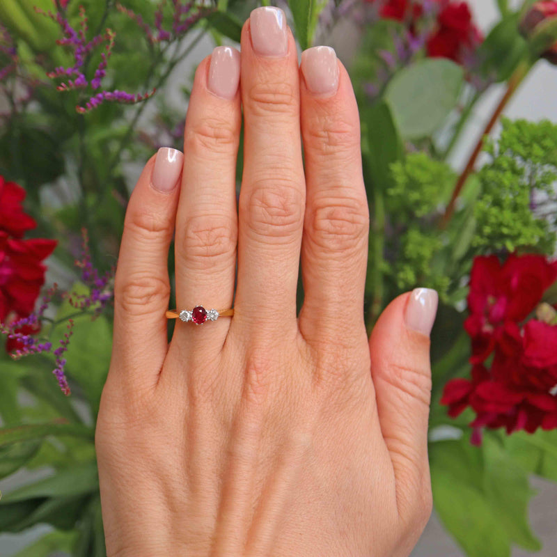Ellibelle Jewellery Vintage 1990 Ruby & Diamond 18ct Gold Three-Stone Engagement Ring