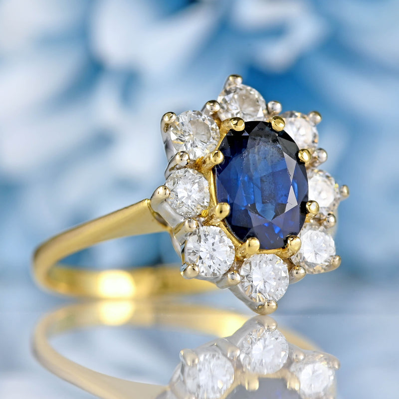 Ellibelle Jewellery Vintage 1990 Sapphire & Diamond 18ct Gold Cluster Ring (1.40cts)