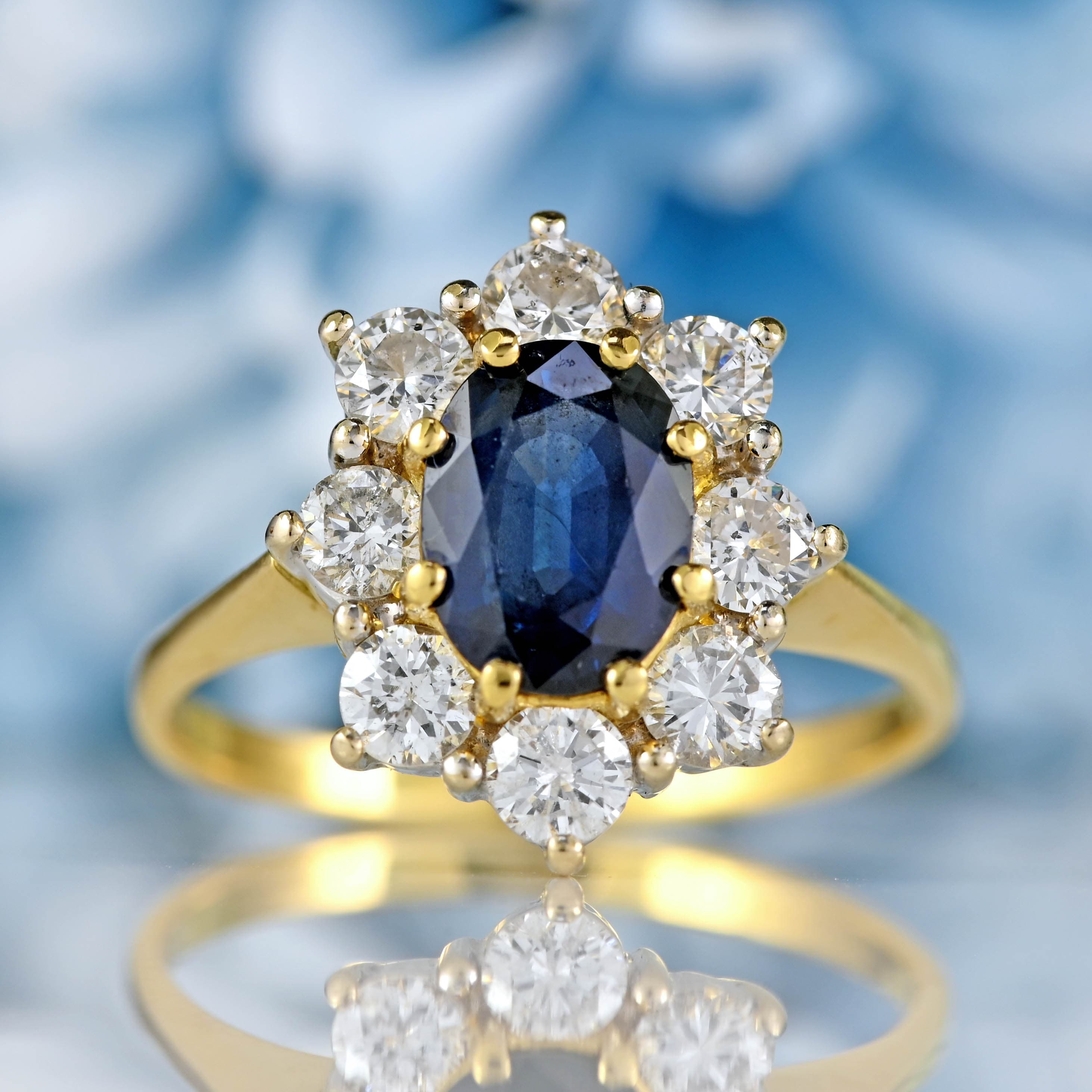 Ellibelle Jewellery Vintage 1990 Sapphire & Diamond 18ct Gold Cluster Ring (1.40cts)