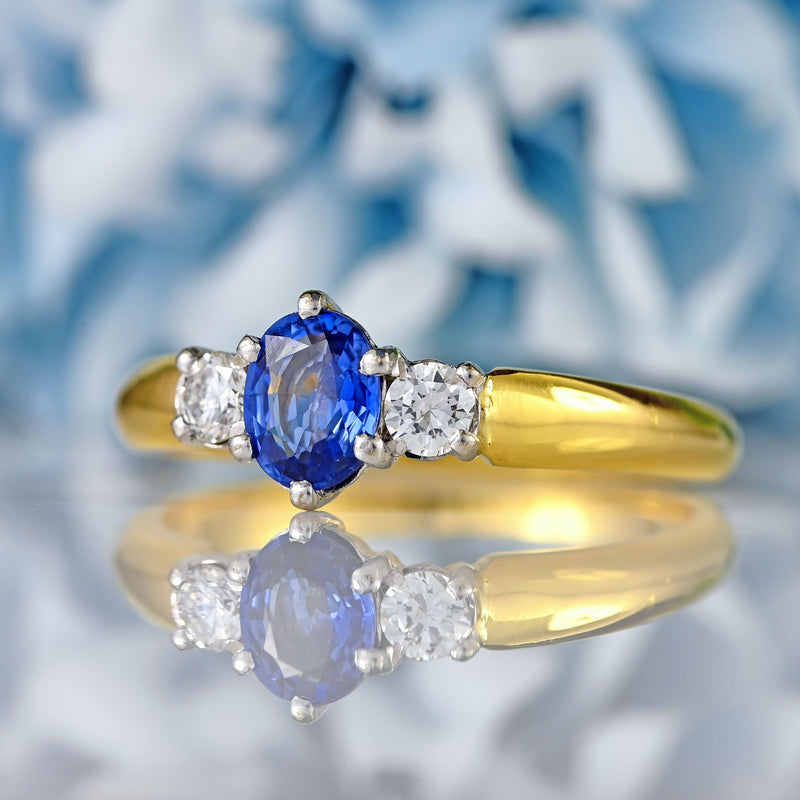 Ellibelle Jewellery Vintage 1990 Sapphire & Diamond 18ct Gold Three-Stone Ring