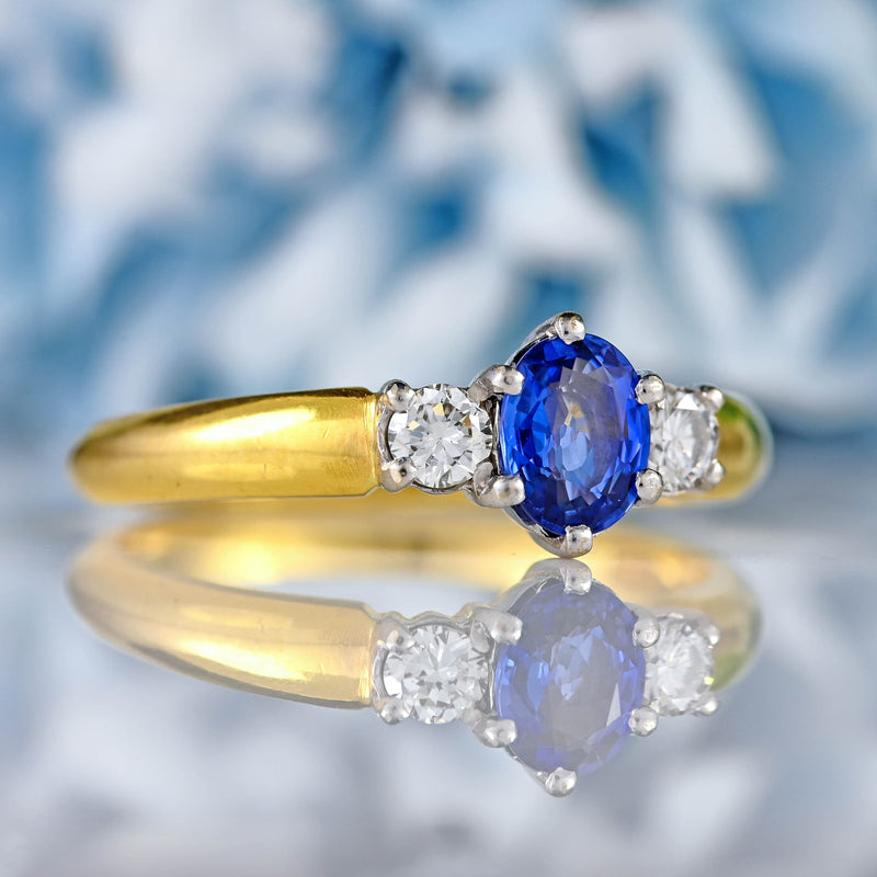 Ellibelle Jewellery Vintage 1990 Sapphire & Diamond 18ct Gold Three-Stone Ring