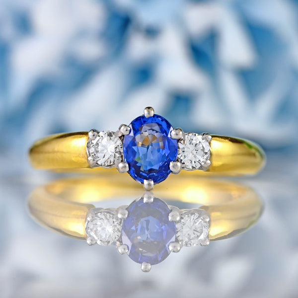 Ellibelle Jewellery Vintage 1990 Sapphire & Diamond 18ct Gold Three-Stone Ring