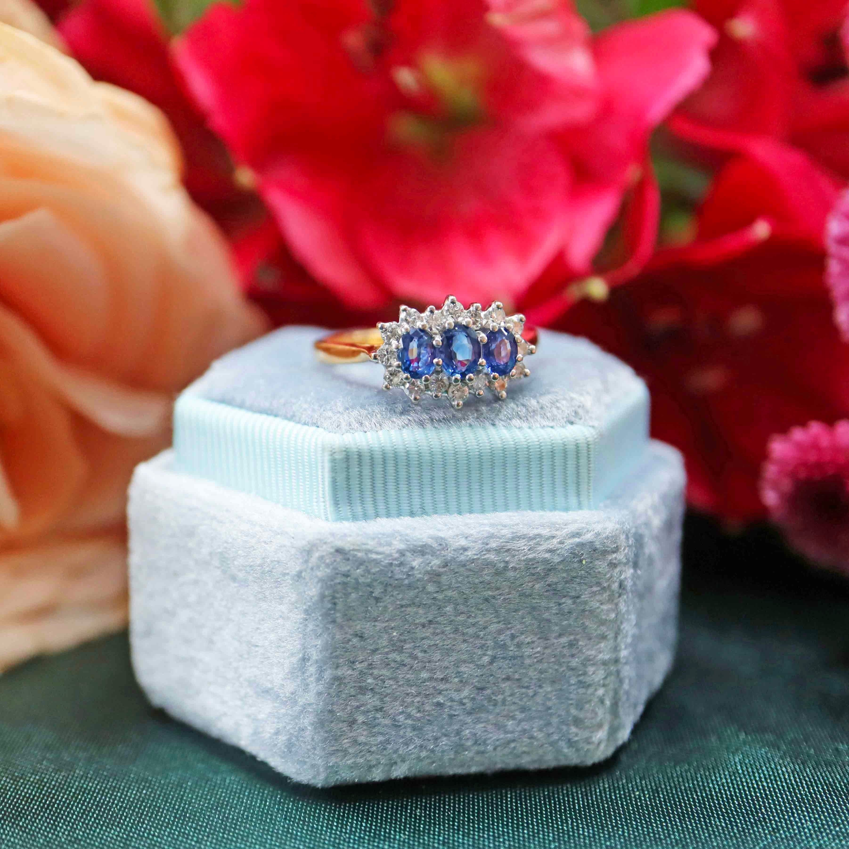 Ellibelle Jewellery Vintage 1990 Sapphire & Diamond 18ct Gold Triple-Cluster Ring